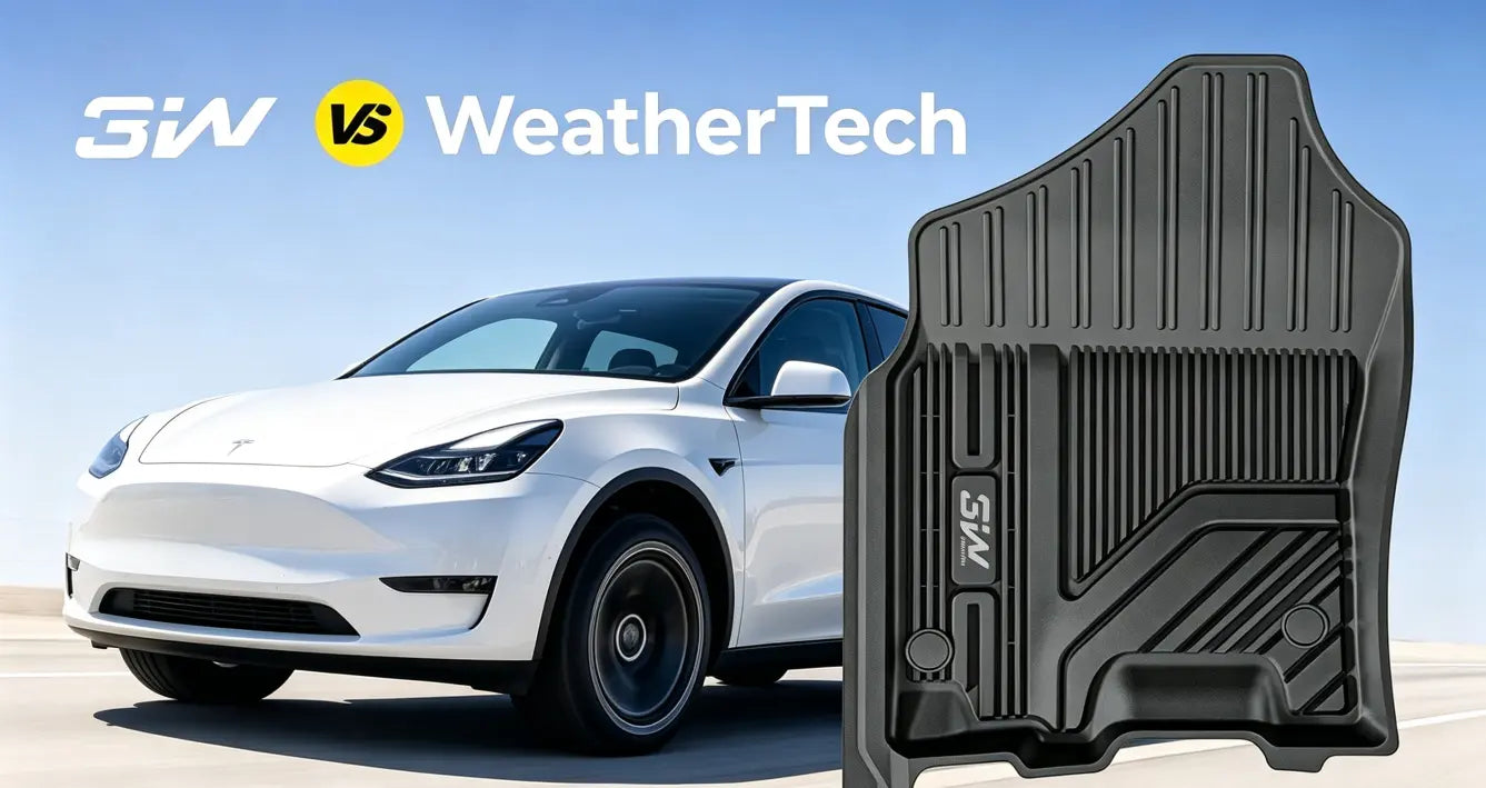 3W vs WeatherTech comparison for the Tesla Model Y with a 3W all weather floor mat