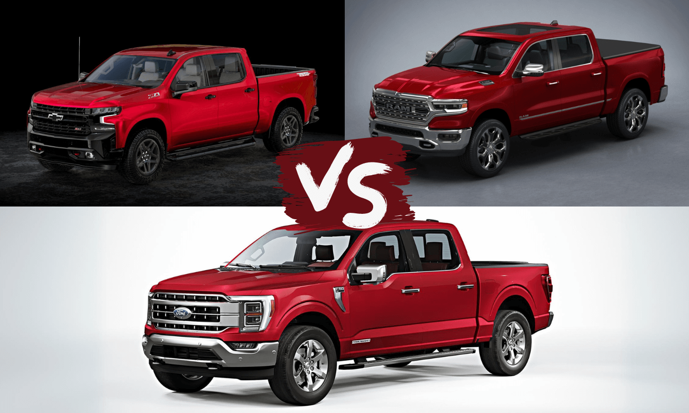 Three top-rated American pickup trucks: Ford F-150, RAM 1500, and Chevy Silverado.