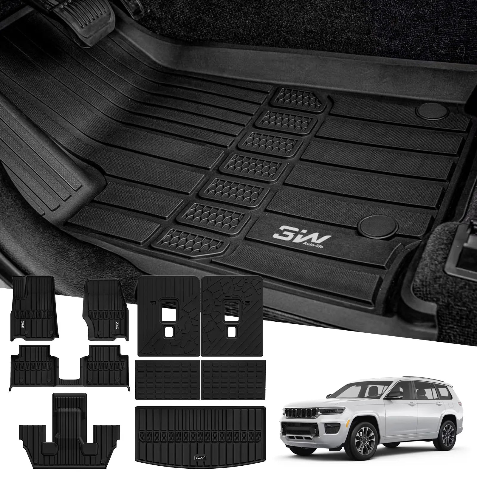 3W Jeep Grand Cherokee L 6 Seat 2021-2025 Custom Floor Mats / Trunk Mat Thorex™ All-Weather Protection