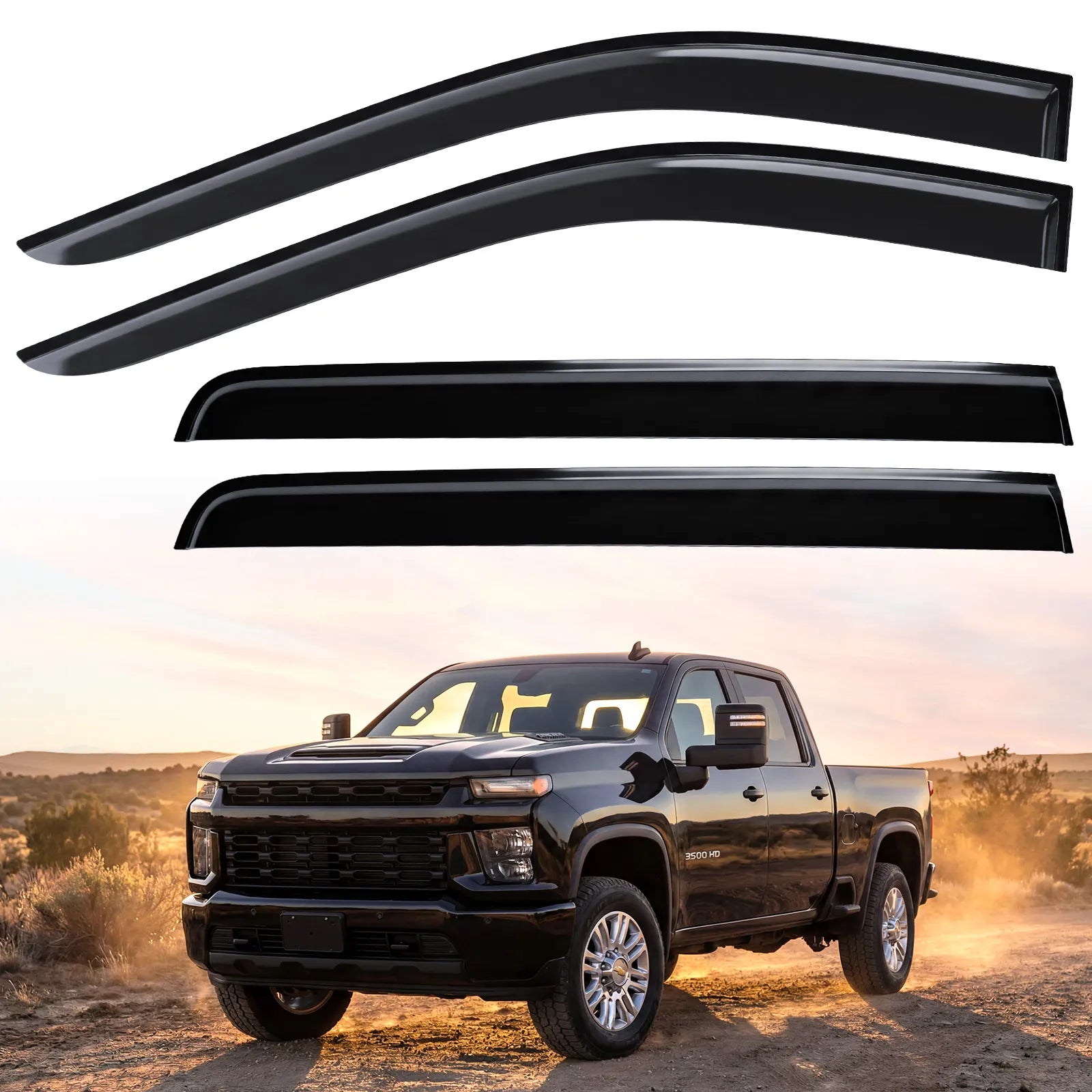 3W Custom Rain Guards for 2019-2026 Chevy Silverado/GMC Sierra Denali 1500, 2020-2026 GMC Sierra 2500HD/3500HD CrewCab Tape-on Side Window Wind Deflecotr 4PCS - 3Wliners
