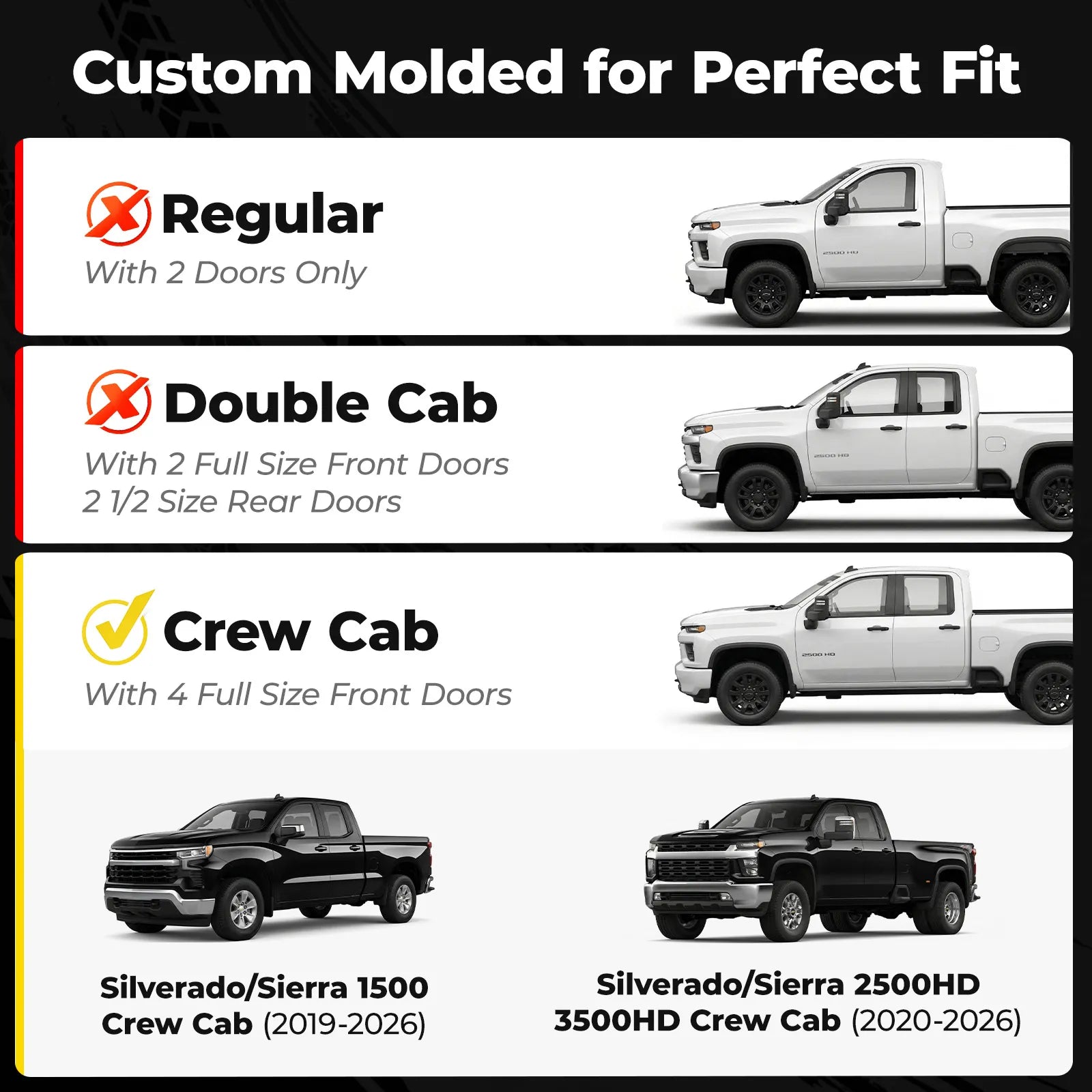3W Custom Rain Guards for 2019-2026 Chevy Silverado/GMC Sierra Denali 1500, 2020-2026 GMC Sierra 2500HD/3500HD CrewCab Tape-on Side Window Wind Deflecotr 4PCS - 3Wliners