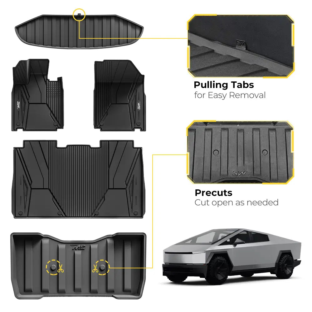 3W Tesla Cybertruck 2023 2024 Custom Floor Mats / Trunk Mats / Bed Mat Thorex™ All-Weather Protection - 3Wliners