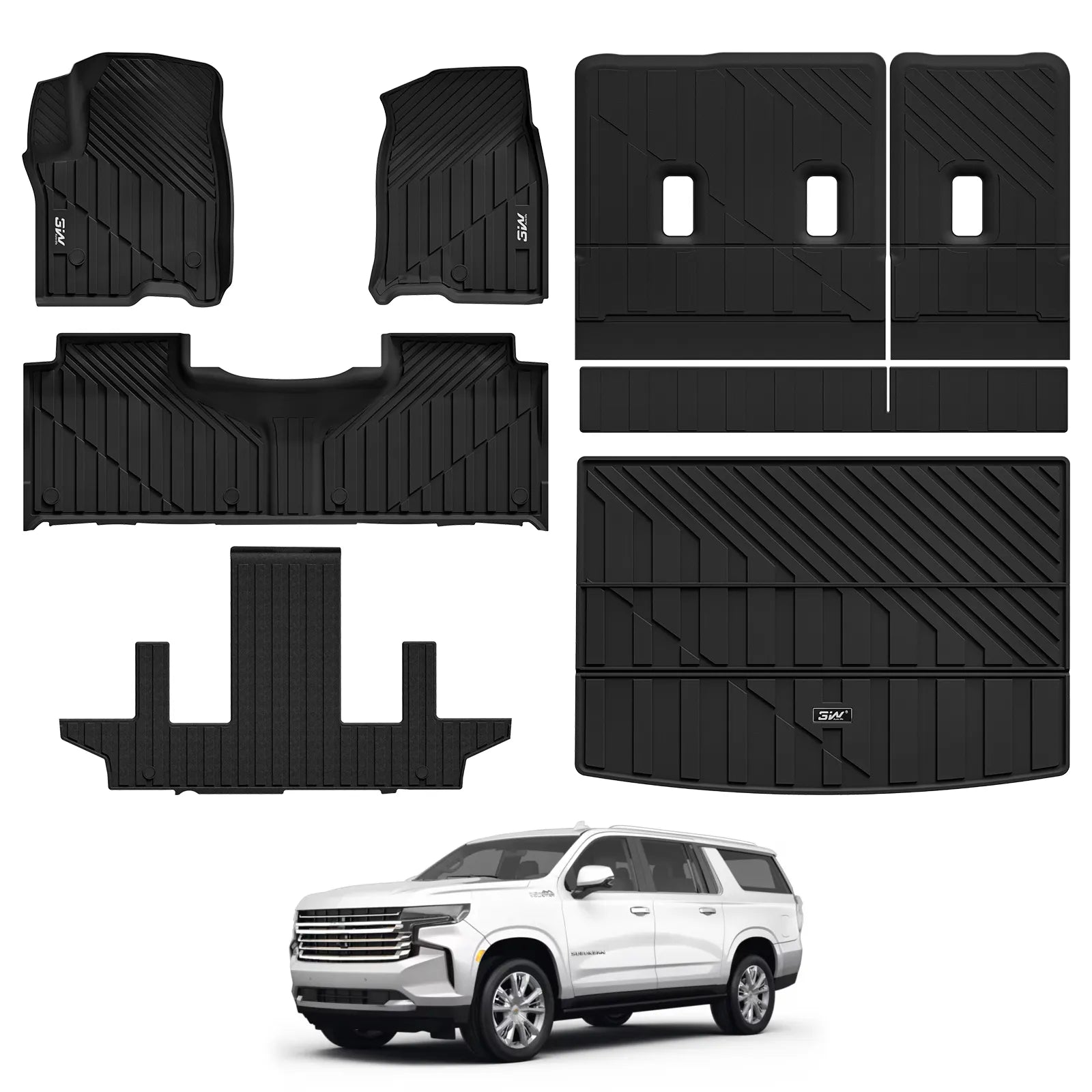 3W Floor Mats & Cargo Mat & Seat Back Mats for 2021-2026(Only 7 Seats) Chevy Suburban/GMC Yukon XL(Only Yukon XL, Not Fit Yukon)/Cadillac Escalade ESV(Not Escalade),All Weather Car Mats, Black TPE Car Mats