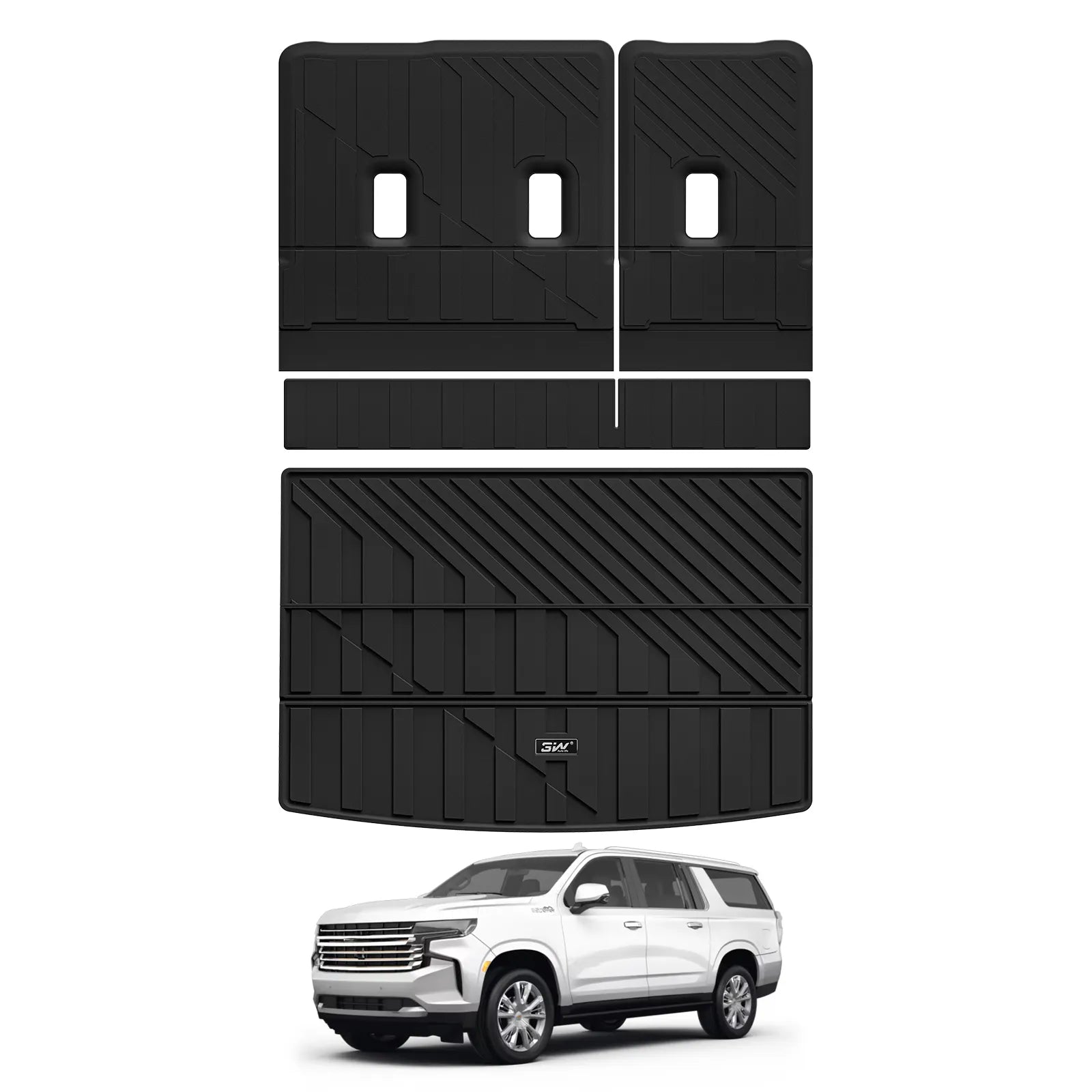 3W Cargo Mat & Seat Back Protector for 2021-2026(Only 7 Seats) Chevy Suburban/GMC Yukon XL(Only Yukon XL, Not Fit Yukon)/Cadillac Escalade ESV(Not Escalade),All Weather Car Mats, Black, TPE Car Mats