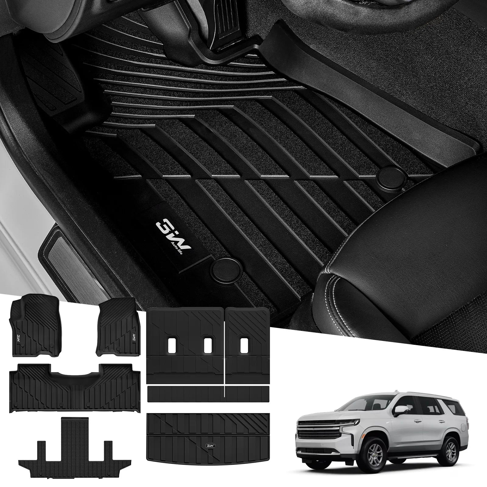 3W Floor Mats & Cargo Liner & Seat Back Protector for 2021-2026 (Only 7 Seats) Chevrolet Chevy Tahoe/GMC Yukon (Not Fit Yukon XL)/Cadillac Escalade (Not Fit Escalade ESV),All Weather Full Set TPE Car Mats