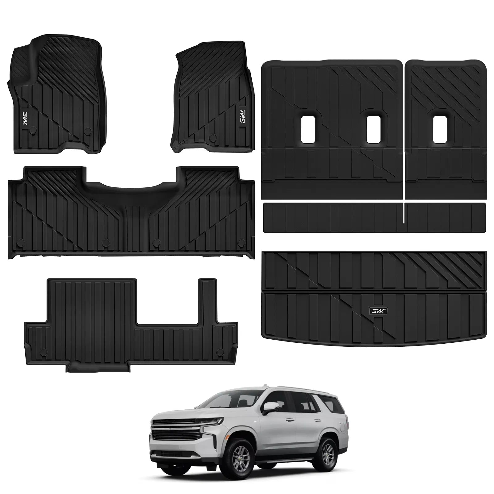 3W Floor Mats & Cargo Liner & Seat Back Protector for 2021-2026 (Only 8 Seats) Chevrolet Chevy Tahoe/GMC Yukon(Not Fit Yukon XL)/Cadillac Escalade(Not Fit Escalade ESV),All Weather TPE Car Mats