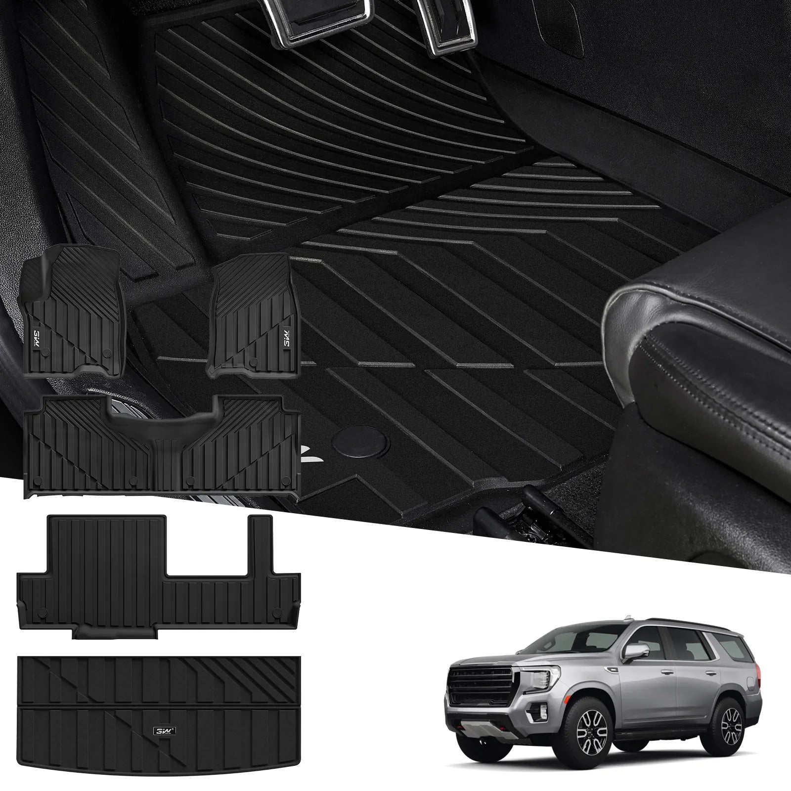 3W Chevy Tahoe 2021-2026/ GMC Yukon / Cadillac Escalade (Only for 8 Seats) 2021-2025 Floor Mats/ Cargo Liner Thorex™ All-Weather Protection