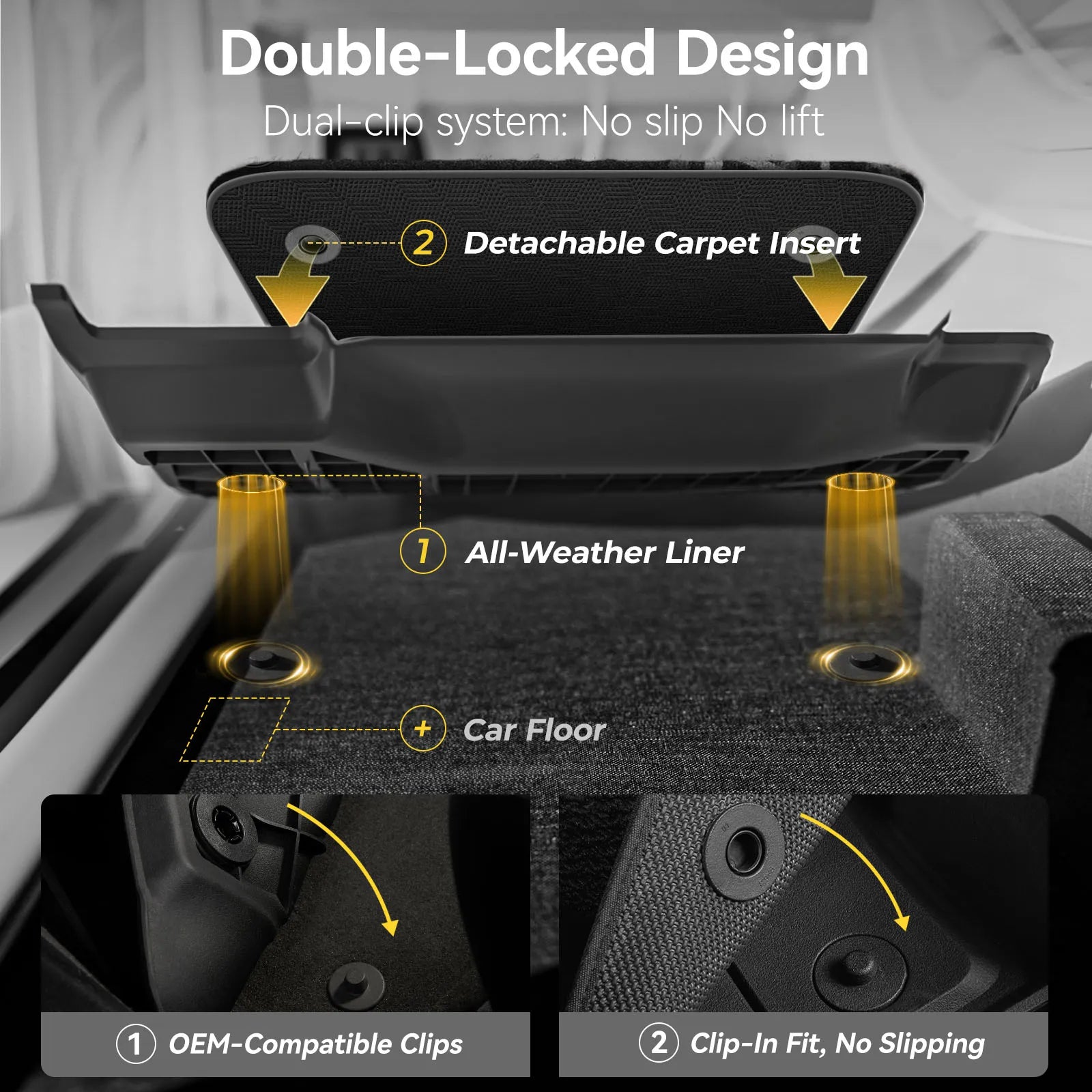 3W Floor Mat Double Layer Removable Carpet Detachable, Quick-drying, Clip-on installation