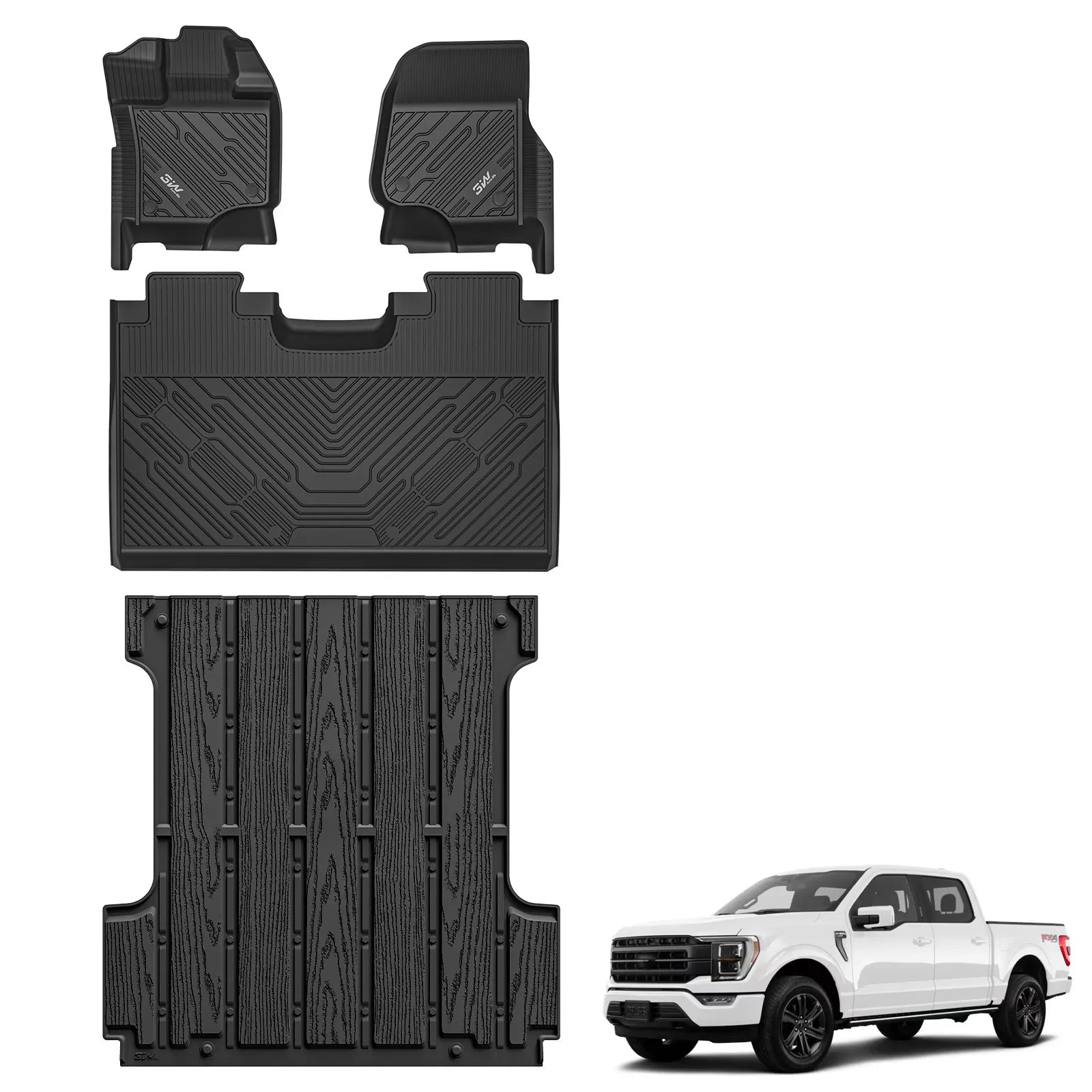 3W All-Weather Floor Mats Bed Mat Set Fit Ford F150 / F-150 Lightning SuperCrew Cab 2015-2025 (without Original Folding Under-Seat Storage Box) - 3Wliners