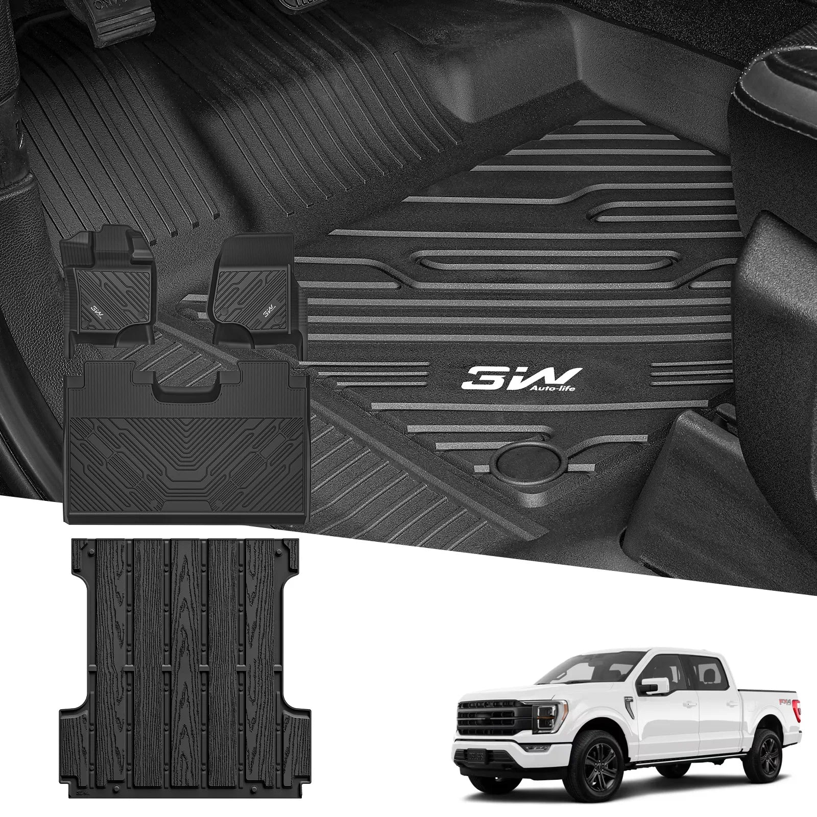 3W All-Weather Floor Mats Bed Mat Set Fit Ford F150 / F-150 Lightning SuperCrew Cab 2015-2025 (without Original Folding Under-Seat Storage Box) - 3Wliners