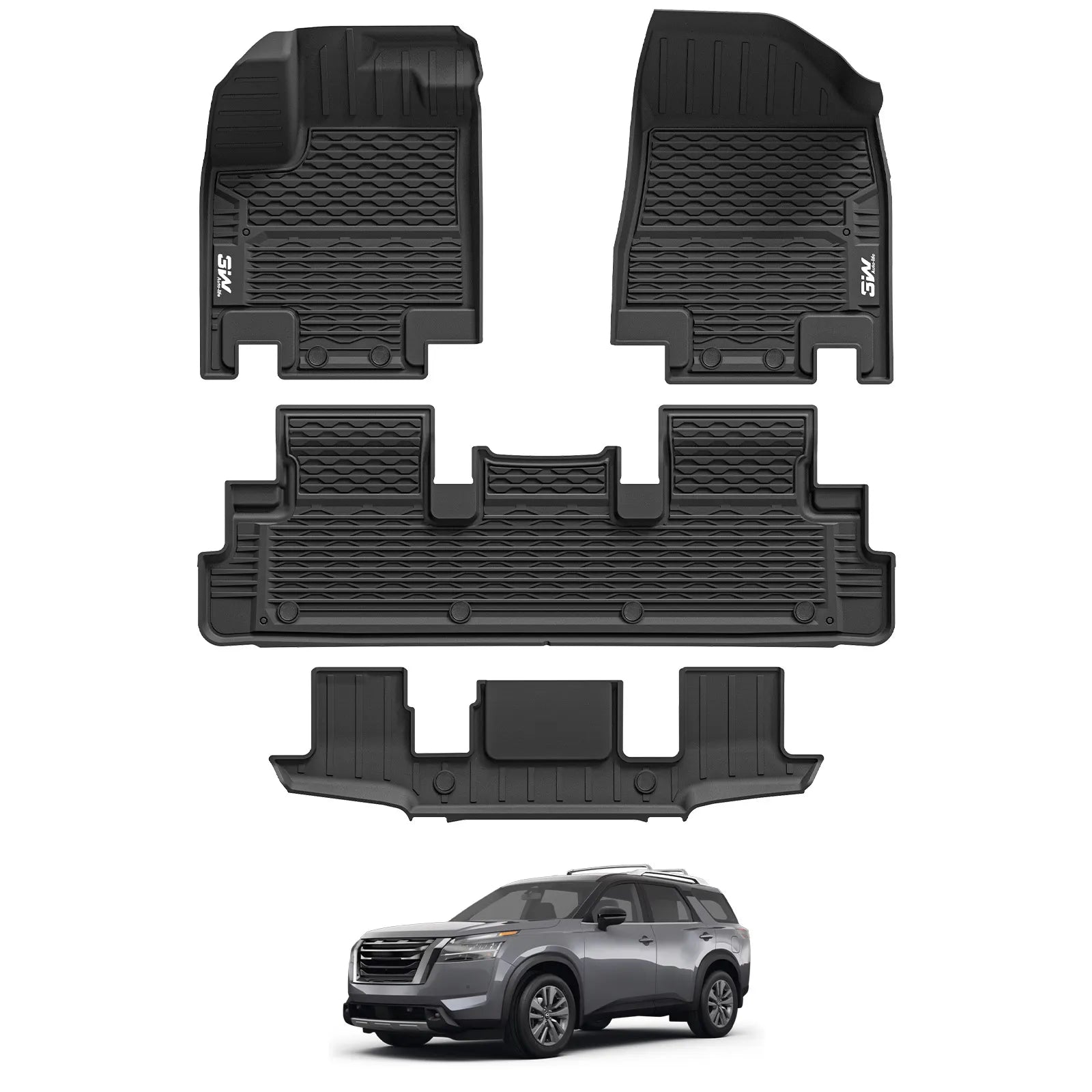 3W Floor Mats for Nissan Pathfinder 8 Seat 2022-2025 Thorex™ All-Weather Protection