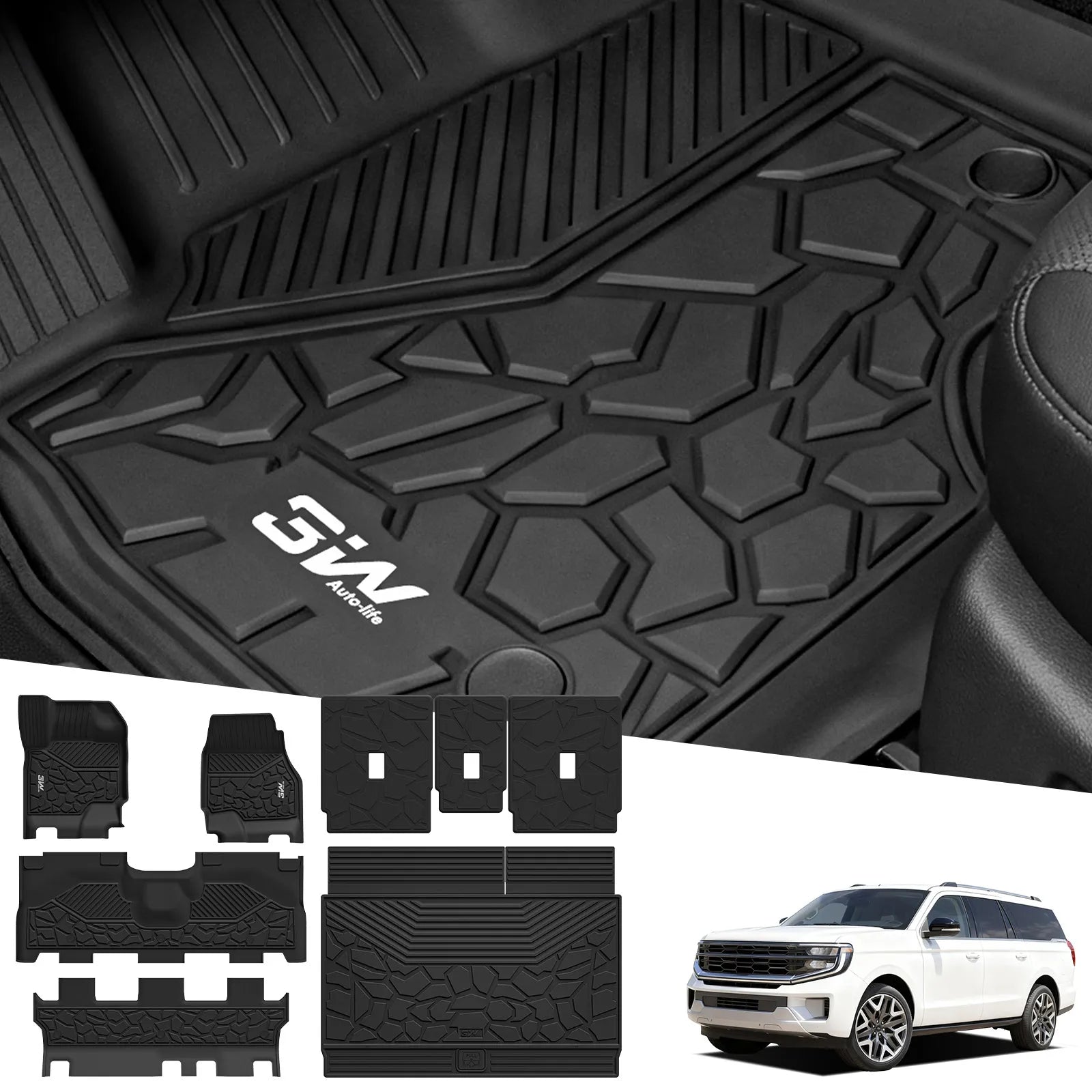 3W Floor Mats & Cargo Liner & Seat Back Mats for 2025 2026 Ford Expedition Max Bench Seating 8 Seats, All Weather for 2025 2026 Ford Expedition Max (Not fit 7 Seats) Full Set Floor Mats (Only MAX)
