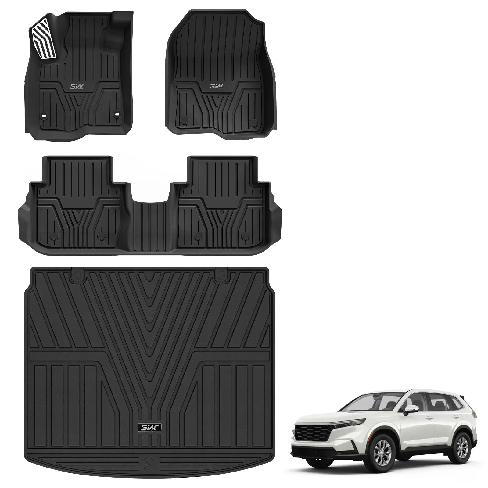 3W Floor Mats & Cargo Liner Fit for Honda CR-V 2023 2024 2025 2026 (Include Hybrid), All Weather TPE Custom Fit Floor Liner 1st, 2nd Row and Trunk (Upper Positon) Full Set Car Mats Black Car Accessories