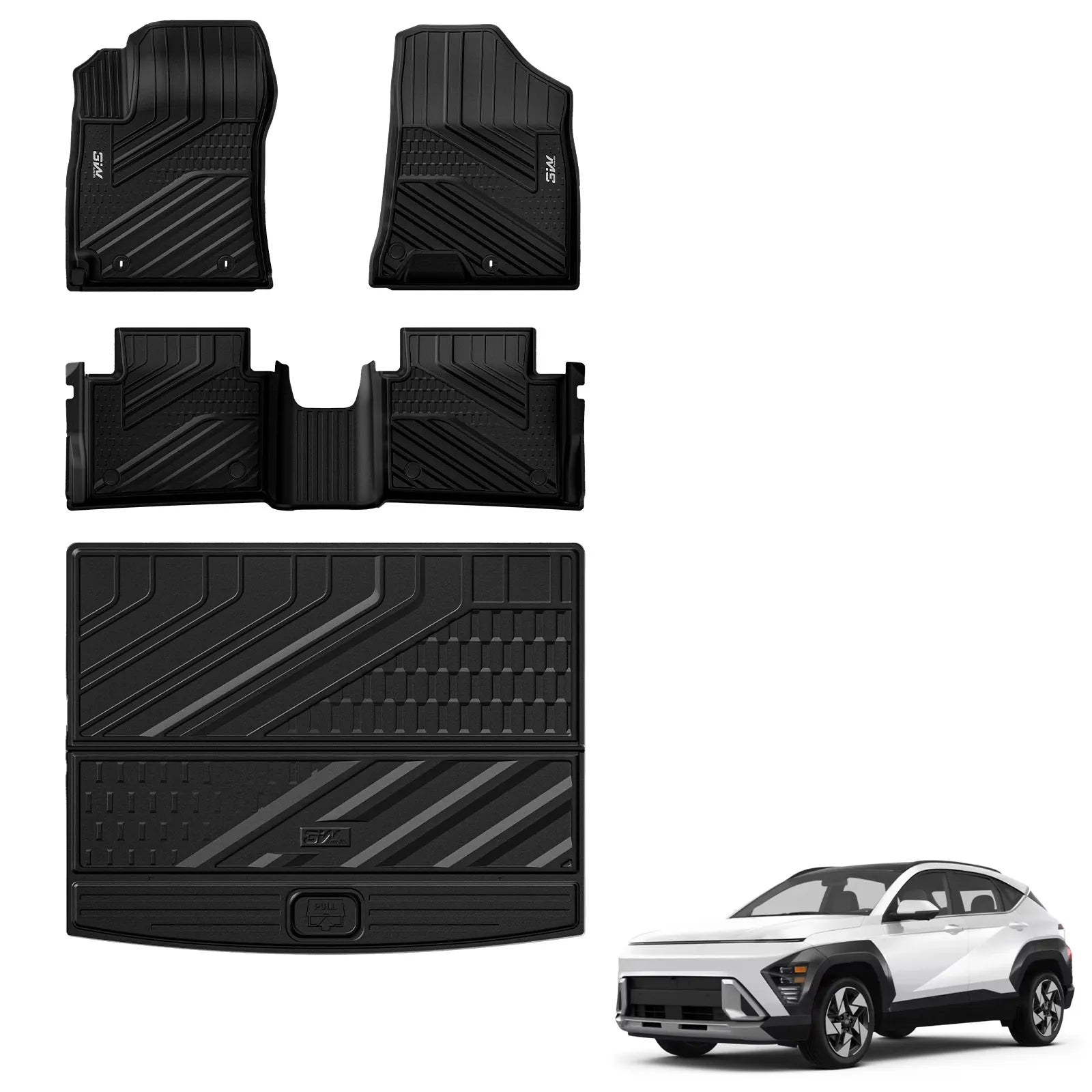 3W Floor Mats & Cargo Liner Compatible with Hyundai Kona 2026 2025 2024 (Gas Models Only), TPE All-Weather Heavy Duty Custom Fit Car Accessories Full Set, Black (Not for EV/Hybrid)