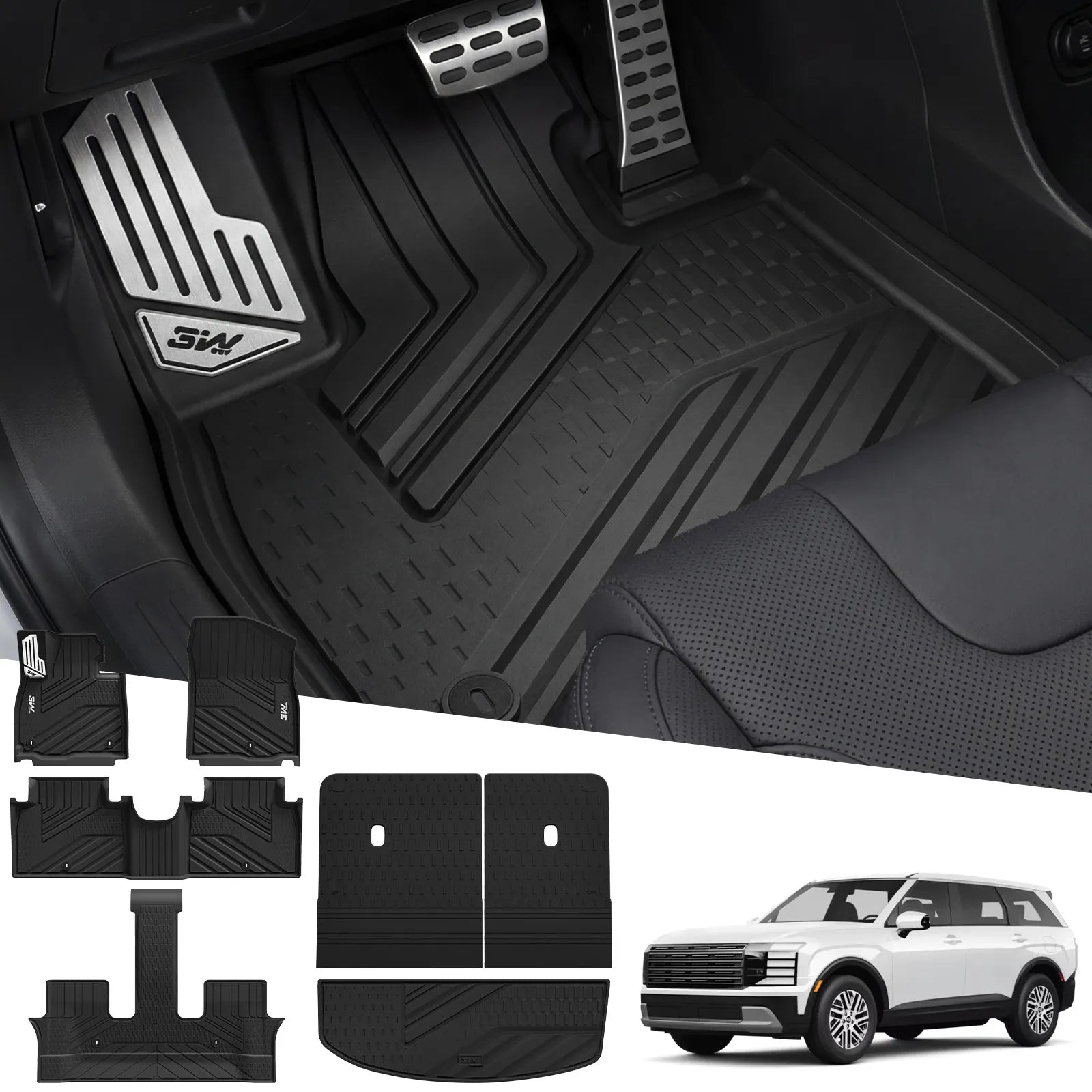 3W Floor Mats & Backrest Mats & Cargo Mats for Hyundai Palisade 2026 7/8 Passenger(Only Fit Gas), All Weather TPE Interior Protector Floor Liner, Custom Fit Full Set Car Mats Accessories, Black