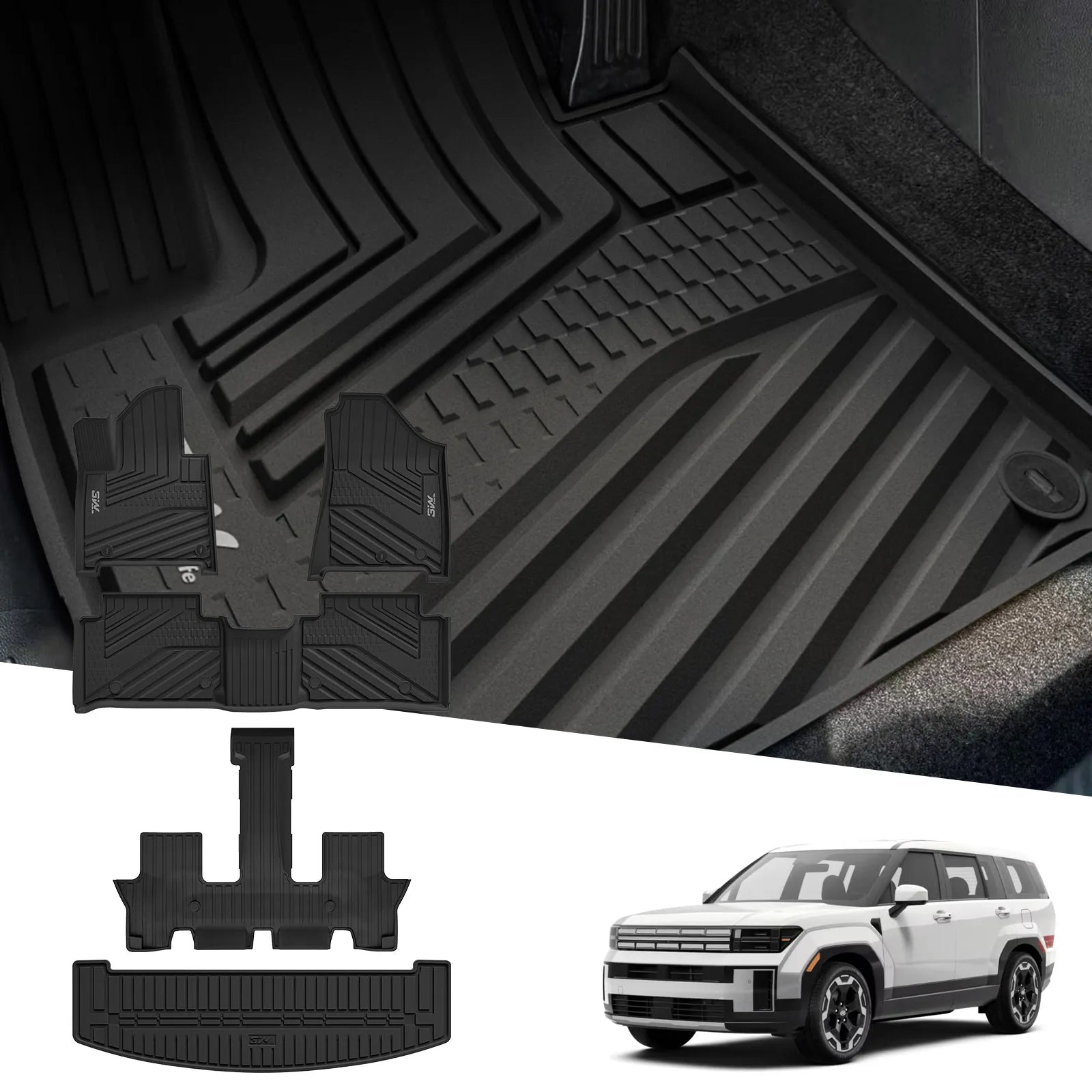 3W Floor Mats & Cargo Liner Fit for 2024 2025 Hyundai Santa Fe (Not for Hybrid) Only 6 Seats, TPE All Weather Floor Liner Heavy Duty Car Accessories, Anti-Slip Full Set Floor Liner,Black