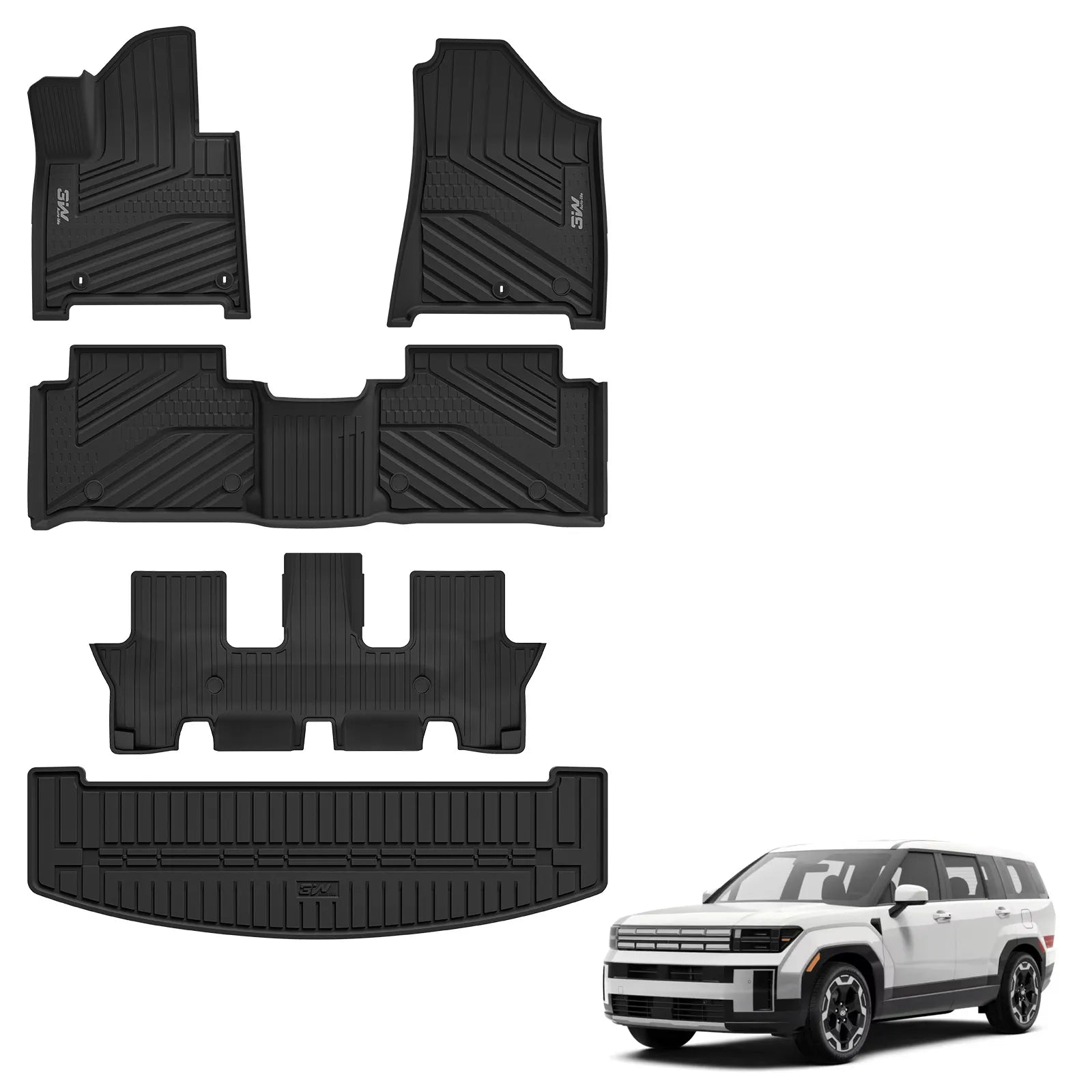 3W Floor Mats & Cargo Liner Fit for 2024 2025 Hyundai Santa Fe (Not for Hybrid) Only 7 Seats, TPE All Weather Floor Liner Heavy Duty Car Accessories, Anti-Slip Full Set Floor Liner,Black