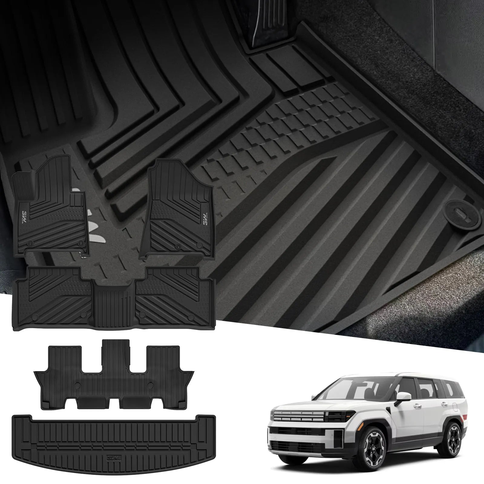 3W Floor Mats & Cargo Liner Fit for 2024 2025 Hyundai Santa Fe (Not for Hybrid) Only 7 Seats, TPE All Weather Floor Liner Heavy Duty Car Accessories, Anti-Slip Full Set Floor Liner,Black