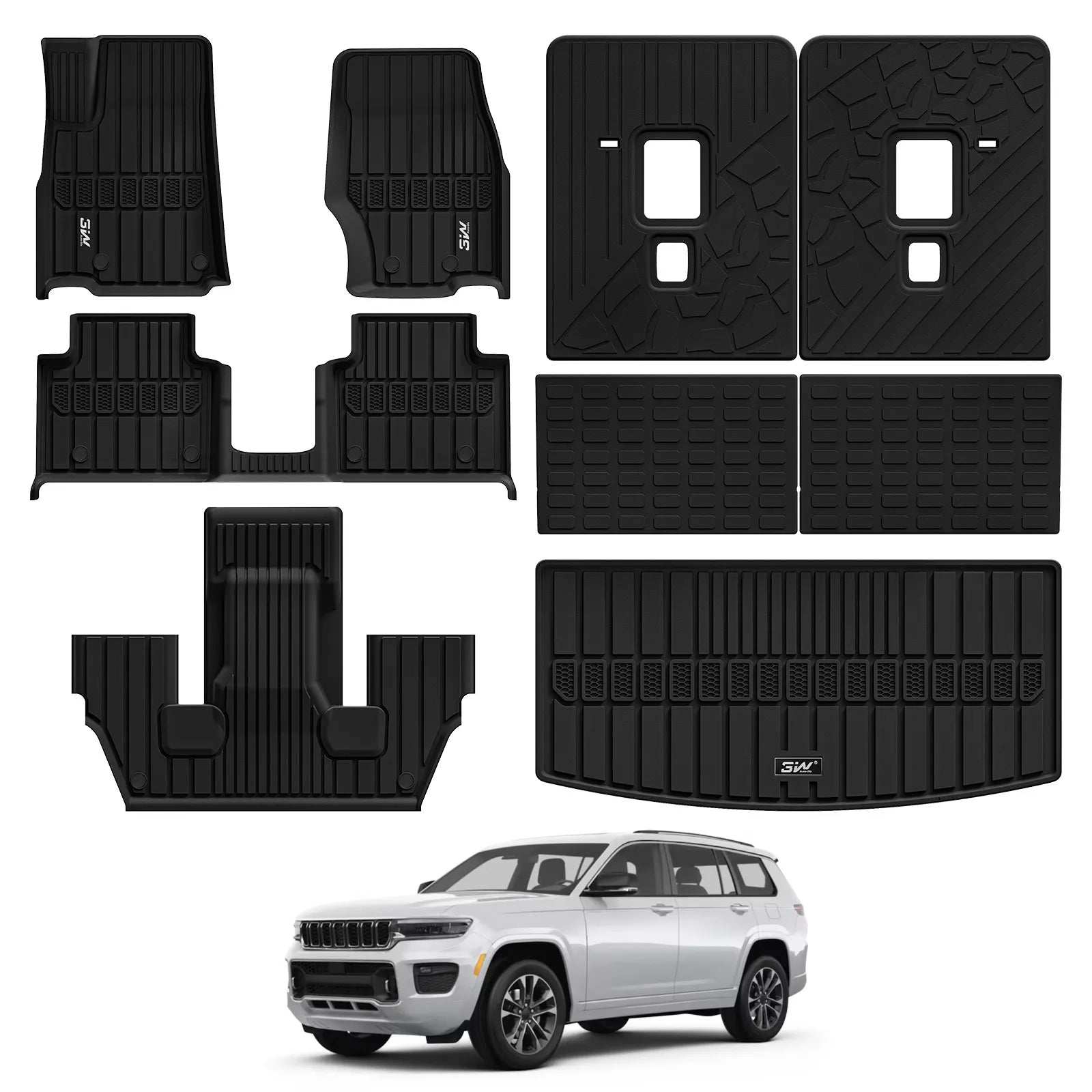 3W Floor Mats & Cargo Liner & Seatback Mats Fit with Jeep Grand Cherokee L 2021-2025 2026 (6-Seats w/o 2nd Row Center Armrest Only), All-Weather Full Set TPE Car Mats, Black