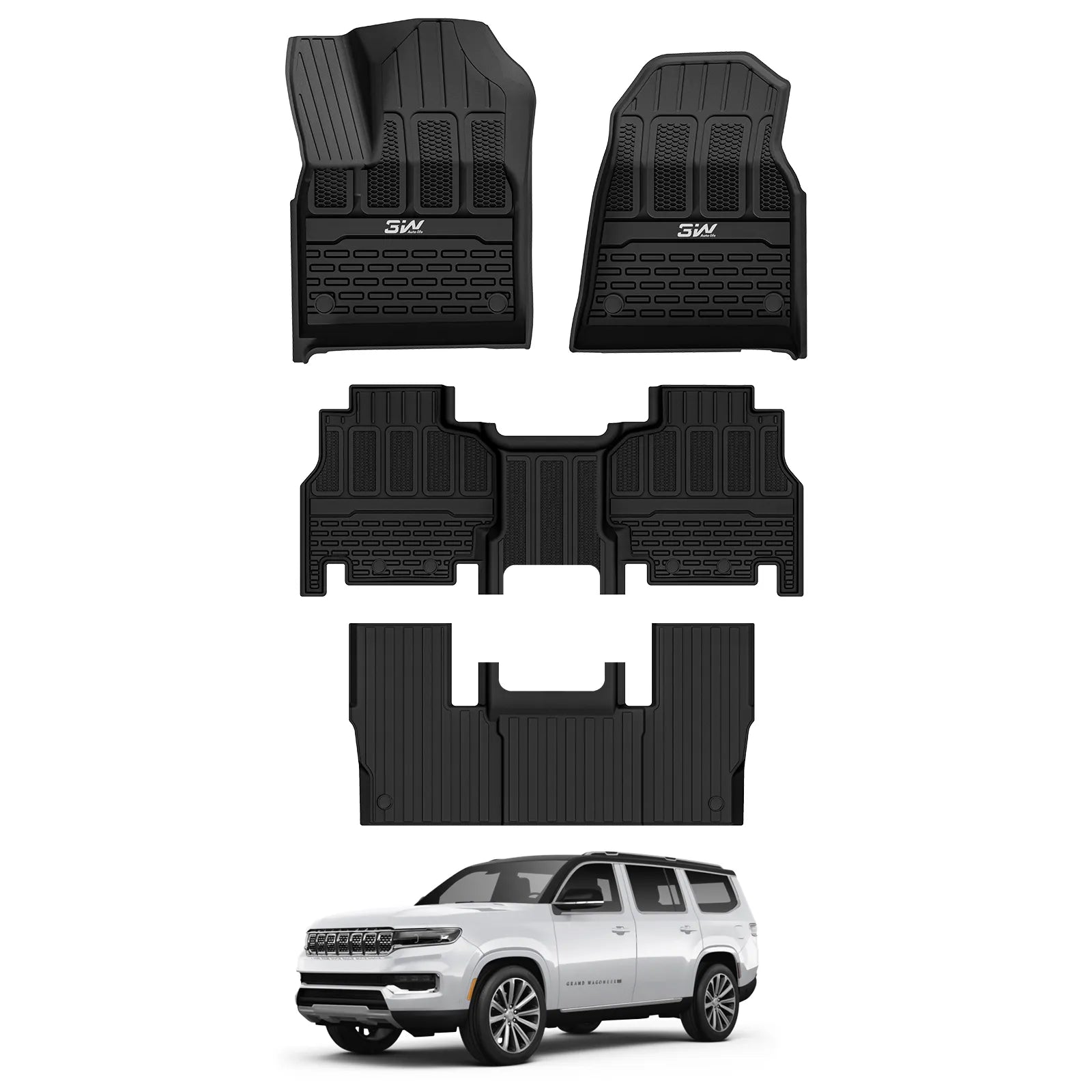 3W Floor Mats Fit for Jeep Grand Wagoneer/Grand Wagoneer L 2022-2025 2026 7 seat, All-Weather TPE Custom Fit Wagonner Floor Liner for 1-3 Rows Full Set Car Mats