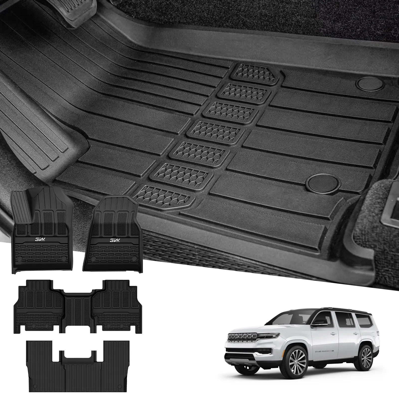 3W Floor Mats Fit for Jeep Grand Wagoneer/Grand Wagoneer L 2022-2025 2026 7 seat, All-Weather TPE Custom Fit Wagonner Floor Liner for 1-3 Rows Full Set Car Mats