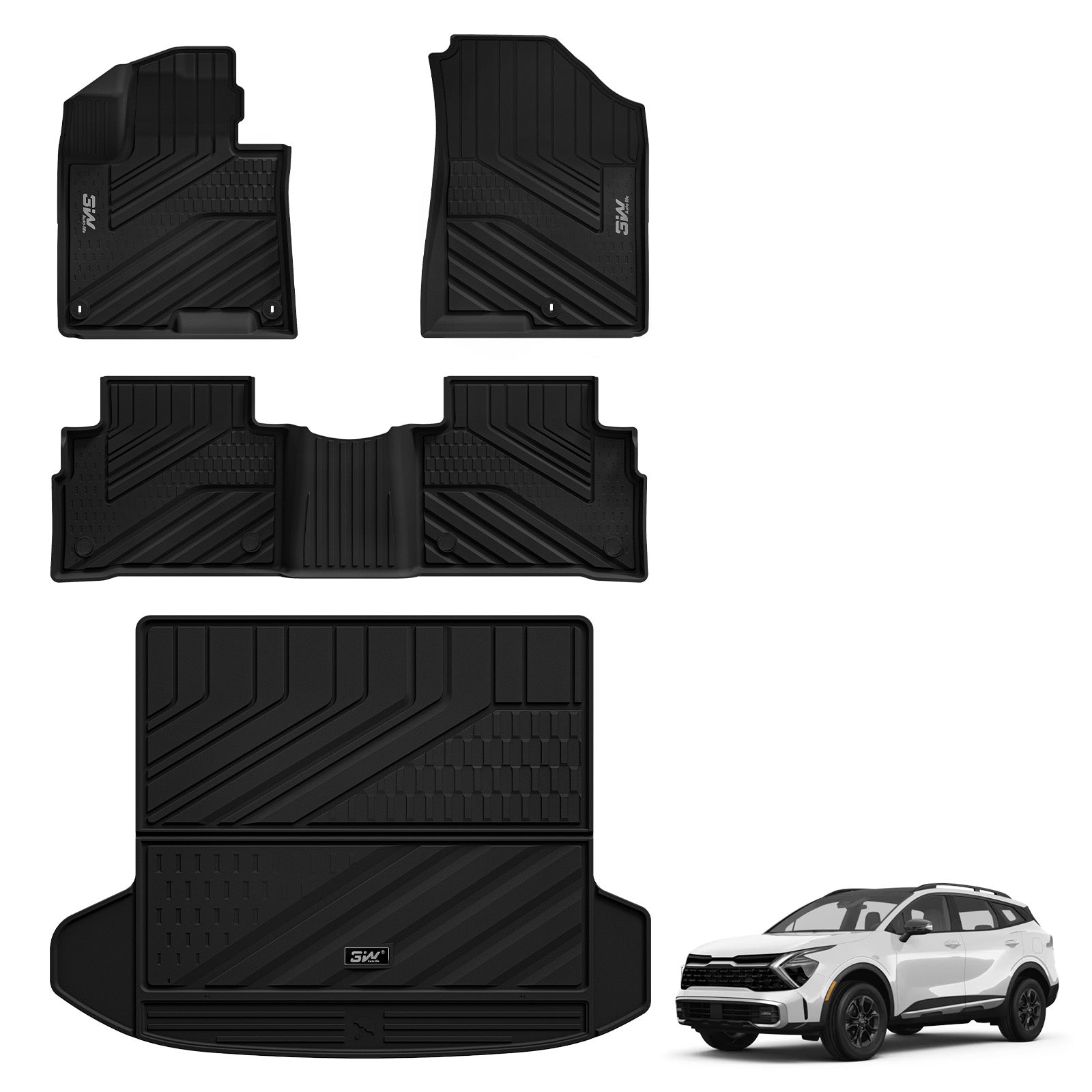 3W Floor Mats & Cargo Liner (with Subwoofer) Fit Kia Sportage (Not Fit Hybrid or PHEV) 2023-2025 2026 TPE All Weather Custom Fit Floor Liner for Kia Sportage Full Set Car Mats, Black