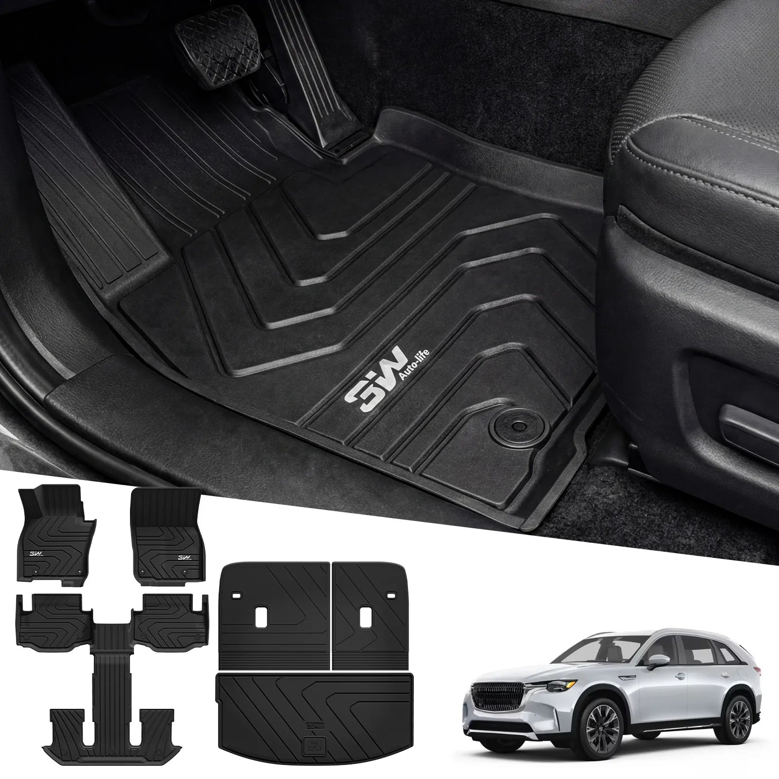 3W Floor Mats & Backrest Mats & Cargo Mats for Mazda CX-90/CX-90 PHEV 2026 2025 2024 7 Seats with 2nd Row Bucket Seats, All Weather TPE Custom Fit Floor Liners for CX-90/CX-90 PHEV Accessories