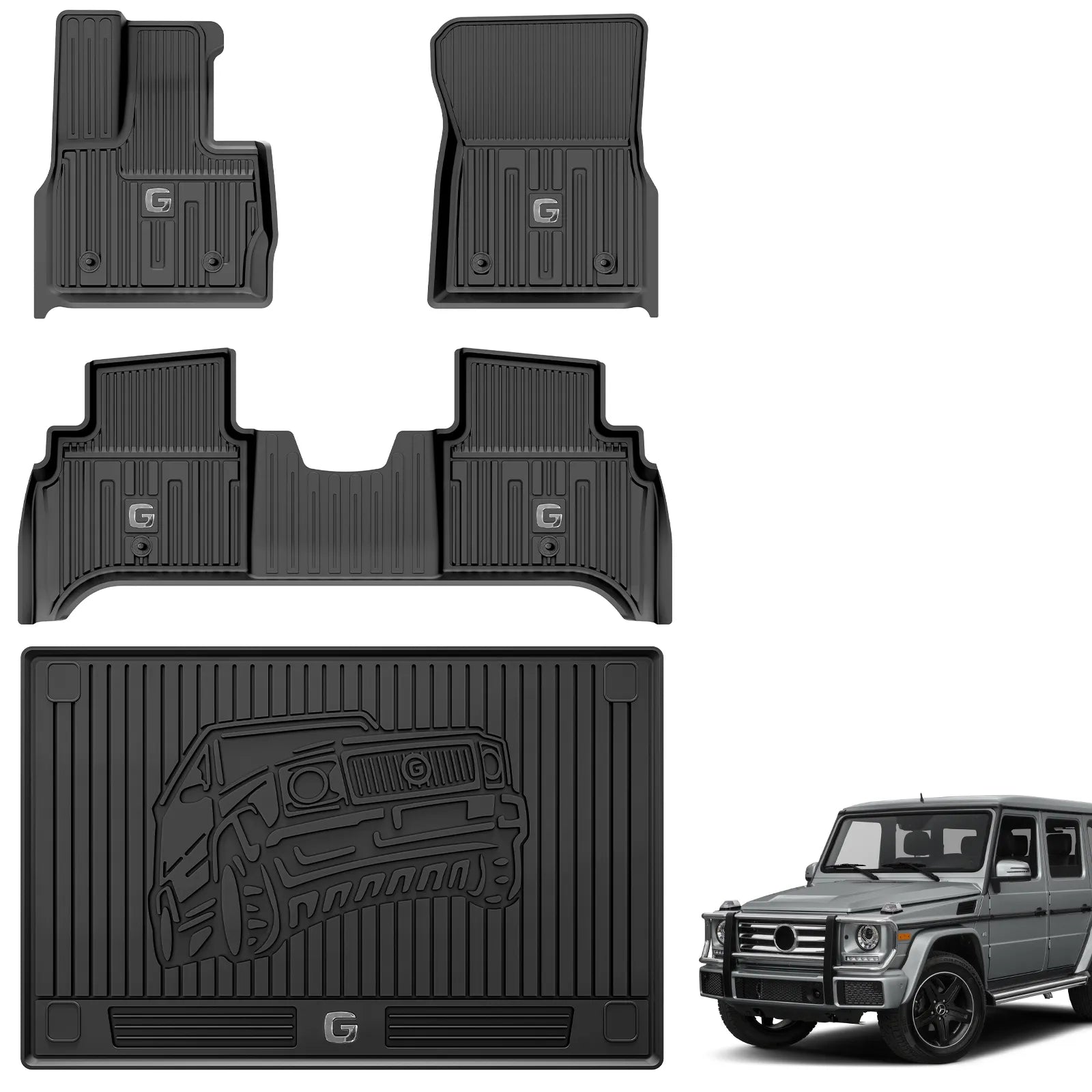 3W Floor Mats&Cargo Liner Fit for 2019-2024 2025 Mercedes-Benz G Class SUV TPE All Weather Custom Fit for G500/G550/G580/AMG G63 1st & 2nd Row with Trunk Mat Full Set Car Mats, Black