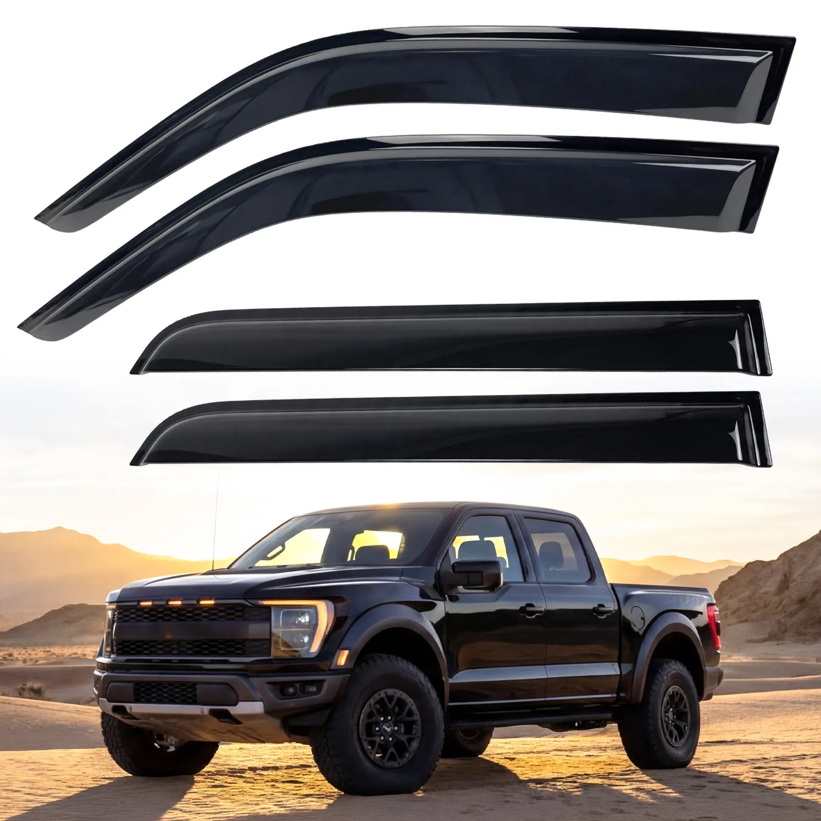 3W Custom Rain Guards for Ford F150 SuperCrew 2015-2026, F-150 Raptor F250 F350 F450 F550 Super Duty Crew Cab 2017-2025 Tape-on Side Window Wind Deflecotr 4PCS - 3Wliners