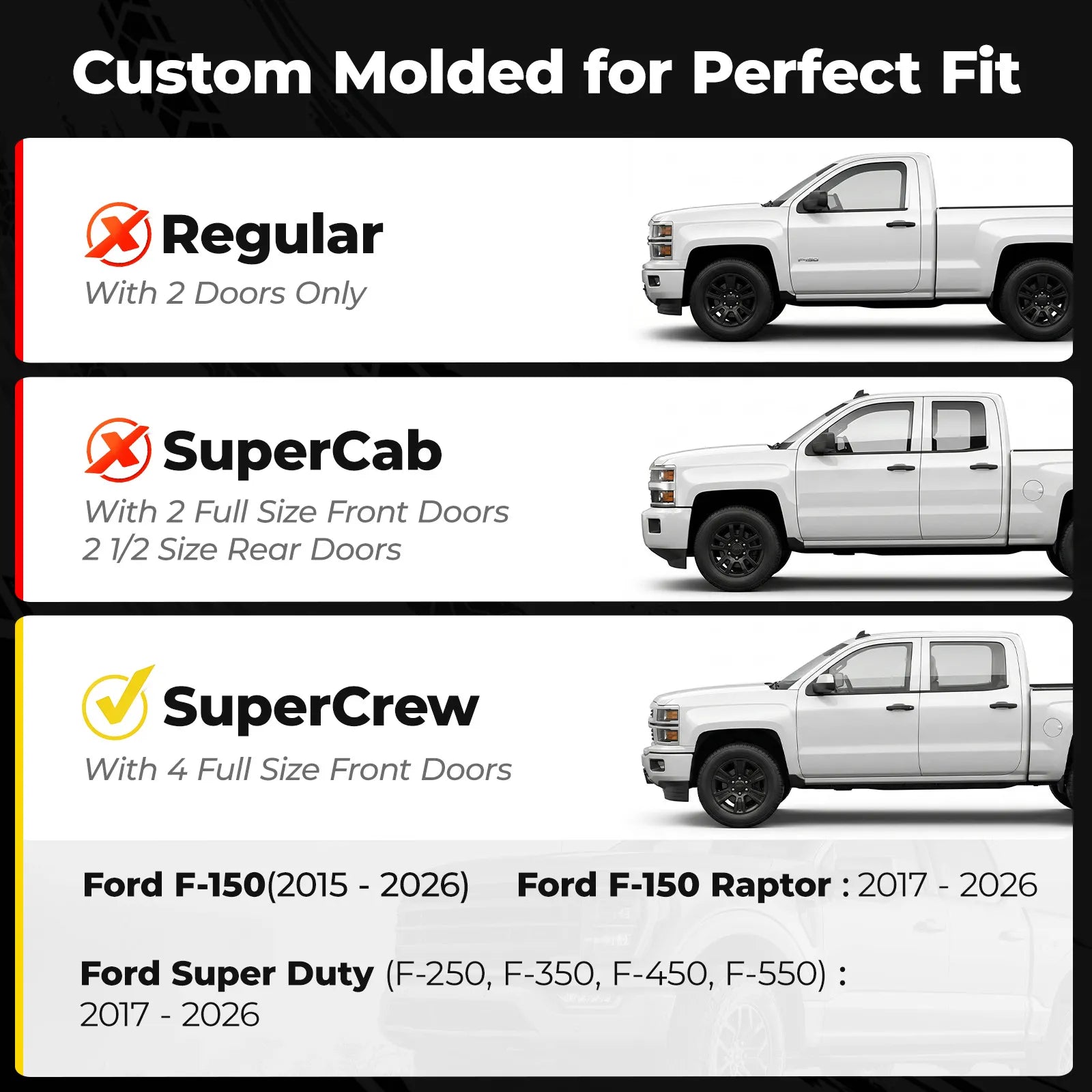 3W Custom Rain Guards for Ford F150 SuperCrew 2015-2026, F-150 Raptor F250 F350 F450 F550 Super Duty Crew Cab 2017-2025 Tape-on Side Window Wind Deflecotr 4PCS - 3Wliners