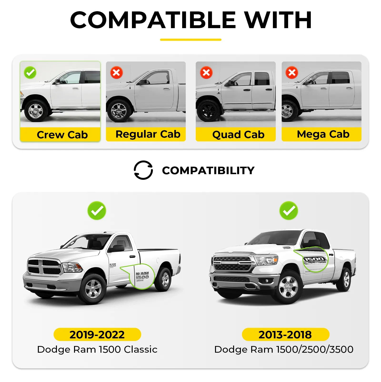 3W 2013-2018 Dodge Ram 1500/2500/3500 Crew Cab, 2019-2024 Dodge Ram 1500 Classic Crew Cab Custom Floor Mats TPE Material & All-Weather Protection Vehicles & Parts 3Wliners