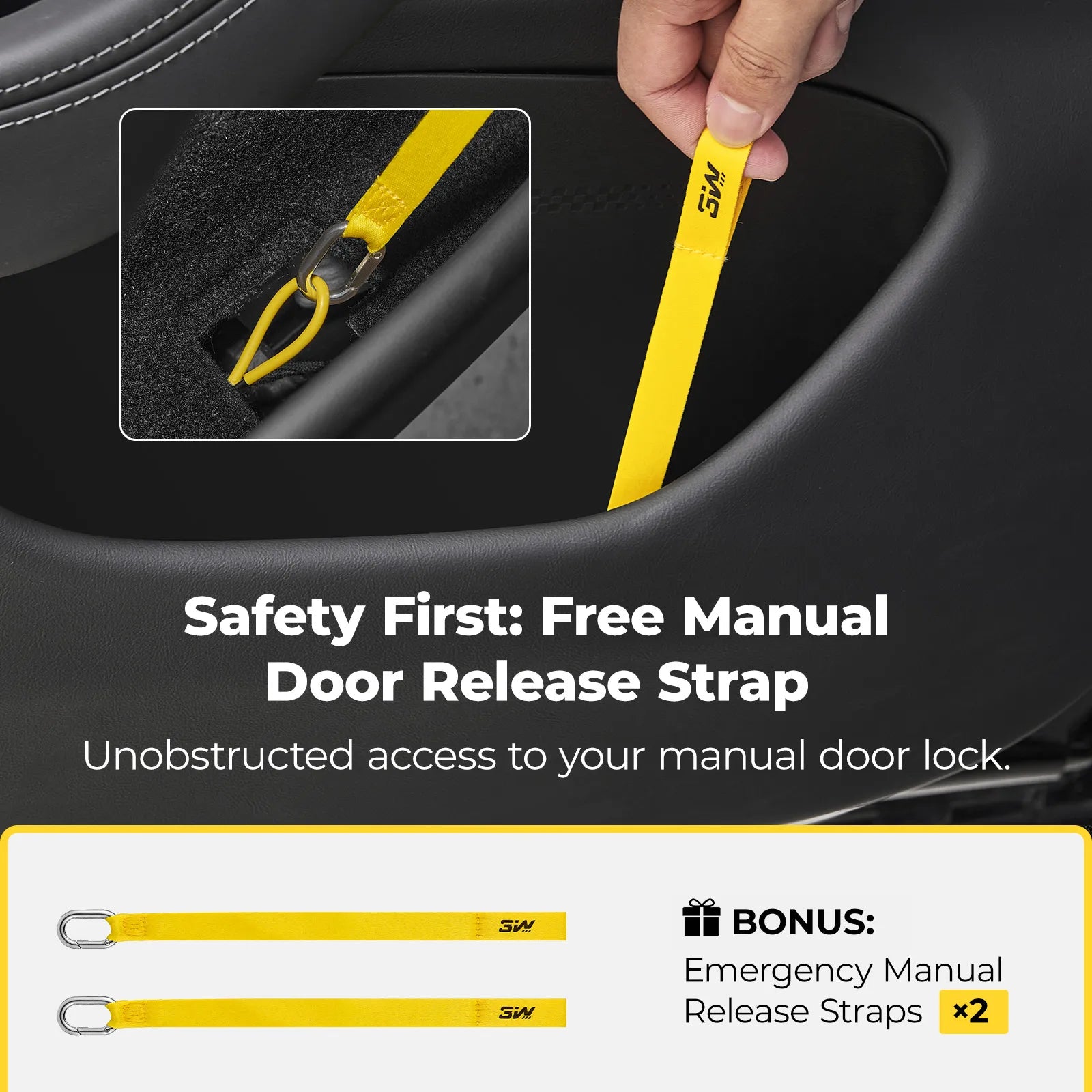 Custom-fit TPE door pocket organizer and emergency release strap set for the 2024-2026 Tesla Model 3 Highland, designed for a seamless fit in the side door storage slots.