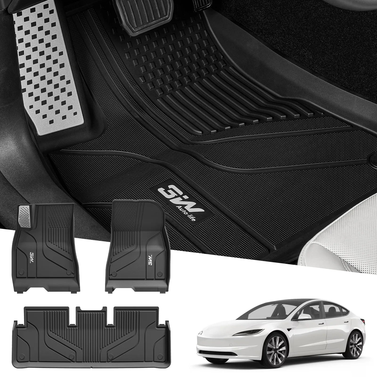 3W Tesla Model 3 2024 Highland New Generation Custom Floor Mats / Trunk Mats TPE Material & All-Weather Protection Vehicles & Parts 3Wliners 2024 2024 Model 3 Highland New Generation 1st&2nd Row Mats With Metal Pedal
