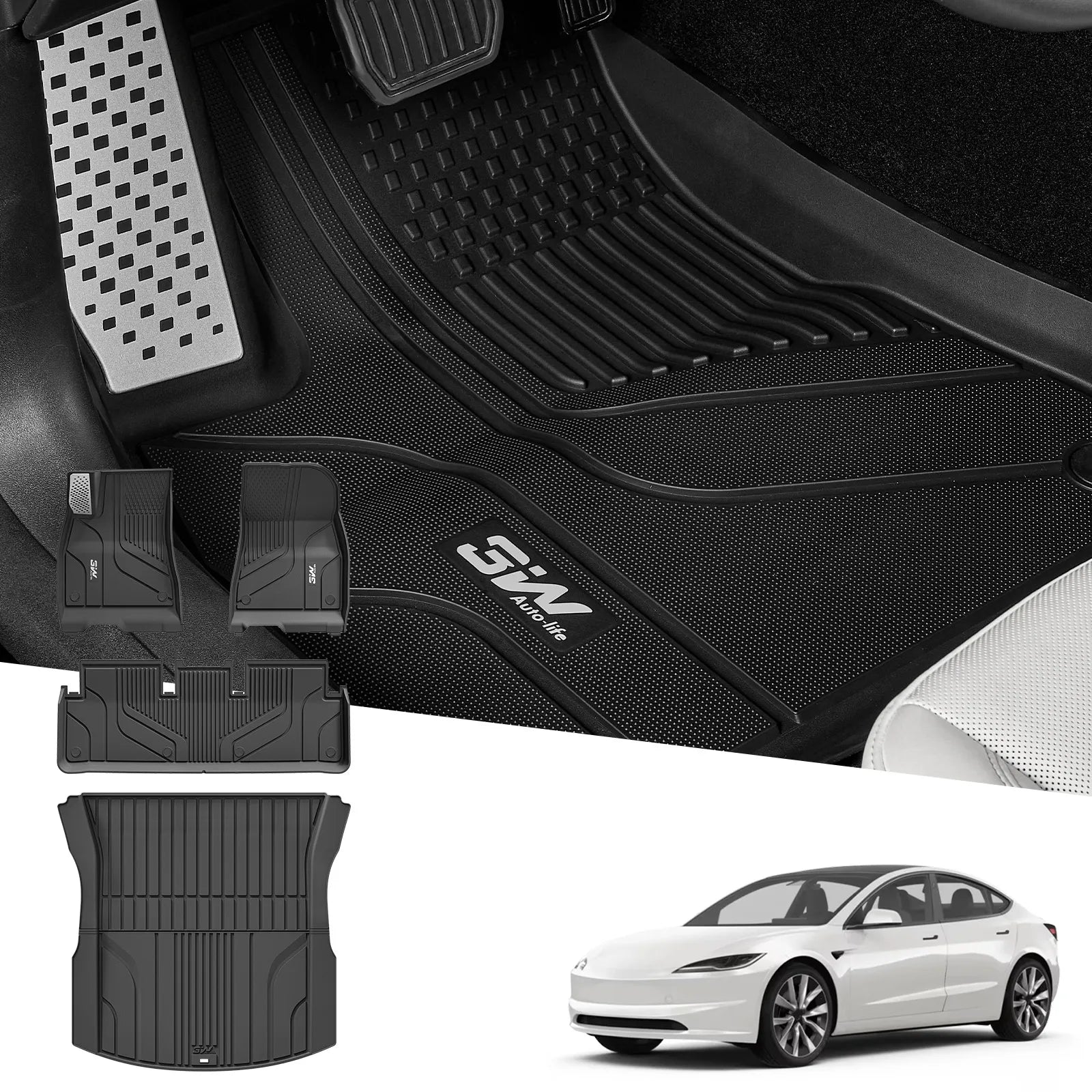3W Tesla Model 3 2024 Highland New Generation Custom Floor Mats / Trunk Mats TPE Material & All-Weather Protection Vehicles & Parts 3Wliners 2024 2024 Model 3 Highland New Generation 1st&2nd Row+ Trunk Mat With Metal Pedal