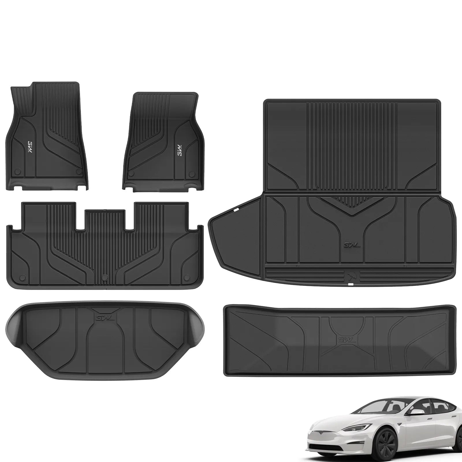 3W Floor Mats & Cargo Liner Fit for Tesla Model S 2021-2025 2026 All Weather TPE Custom Fit Floor Liners for 1-2 Rows and Trunk Full Set