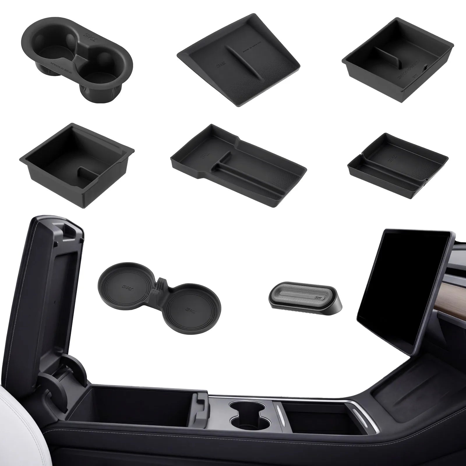 3W 8-piece interior bundle for Tesla Model Y Juniper 2025-2026 including center console storage organizer trays and custom car air freshener