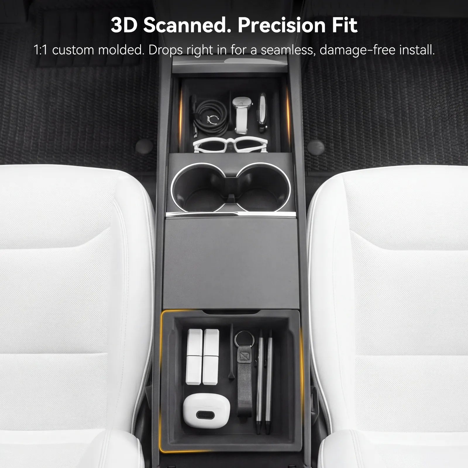 3W 8-piece interior bundle for Tesla Model Y Juniper 2025-2026 including center console storage organizer trays and custom car air freshener
