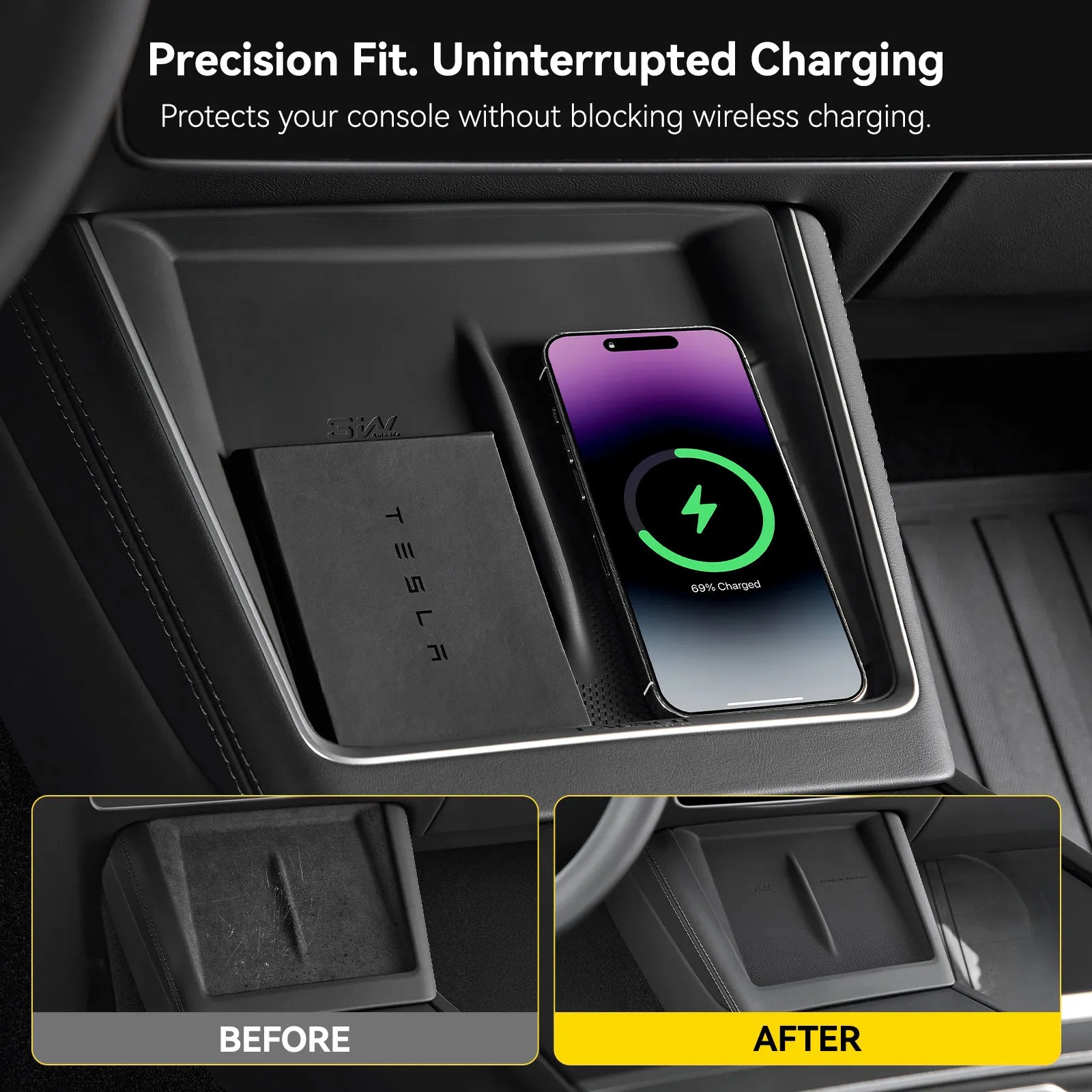 3W 8-piece interior bundle for Tesla Model Y Juniper 2025-2026 including center console storage organizer trays and custom car air freshener