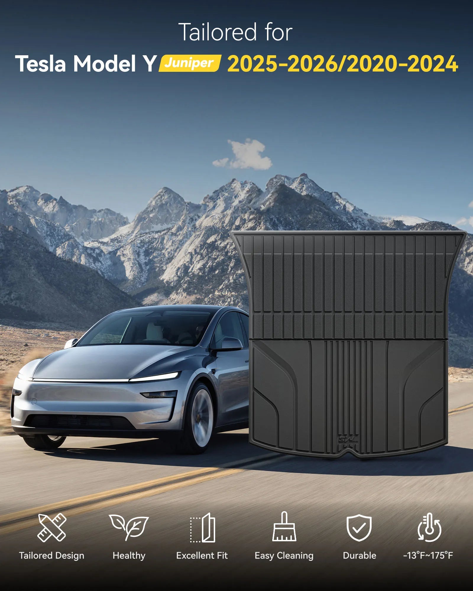 3W Tesla Model Y Juniper Cargo Liner 2025 2026, Rear Trunk Mat, 2025 2026 Model Y Juniper Accessories, TPE Anti-Slip All Weather Odorless Custom Fit