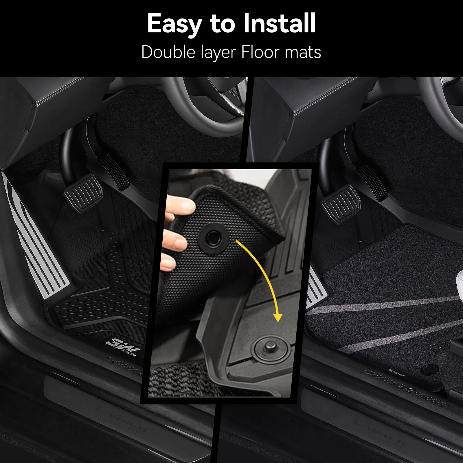 3W Tesla Model Y Juniper Floor Mats, 9PCS with Double Layered Carpets, New Pulsar Flow Design Carpet, Mental Pedal, Double Layer, 2025 2026 Model Y Acecessories, TPE All Weather Waterproof Custom Fit Automotive Liners and Truck Car Liners