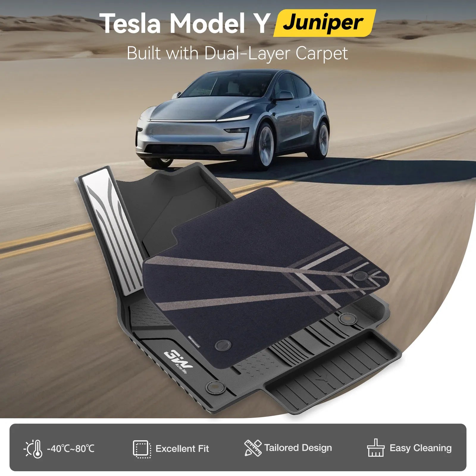 3W Tesla Model Y Juniper Floor Mats, 9PCS with Double Layered Carpets, New Pulsar Flow Design Carpet, Mental Pedal, Double Layer, 2025 2026 Model Y Acecessories, TPE All Weather Waterproof Custom Fit Automotive Liners and Truck Car Liners