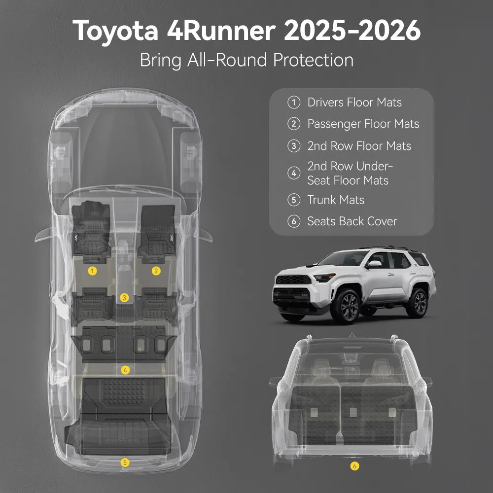 Floor Mats/ Cargo Liner/ Seat Back Protector Full Set for Toyota 4Runner 2025-2026 Gas Models & 5-Seat Only TPE Car Mats All Weather Protection Custom Fit Easy Clean Durable