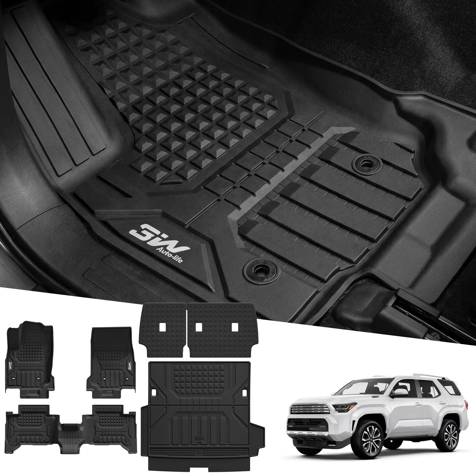 3W Floor Mats for Toyota 4Runner 2025 2026 5 Seats(Only fit Hybrid), All Weather TPE Custom Fit Floor Liner & Trunk Mat & 2nd Row Under Seat Mat & Backrest Mat for 4 Runner Full Set