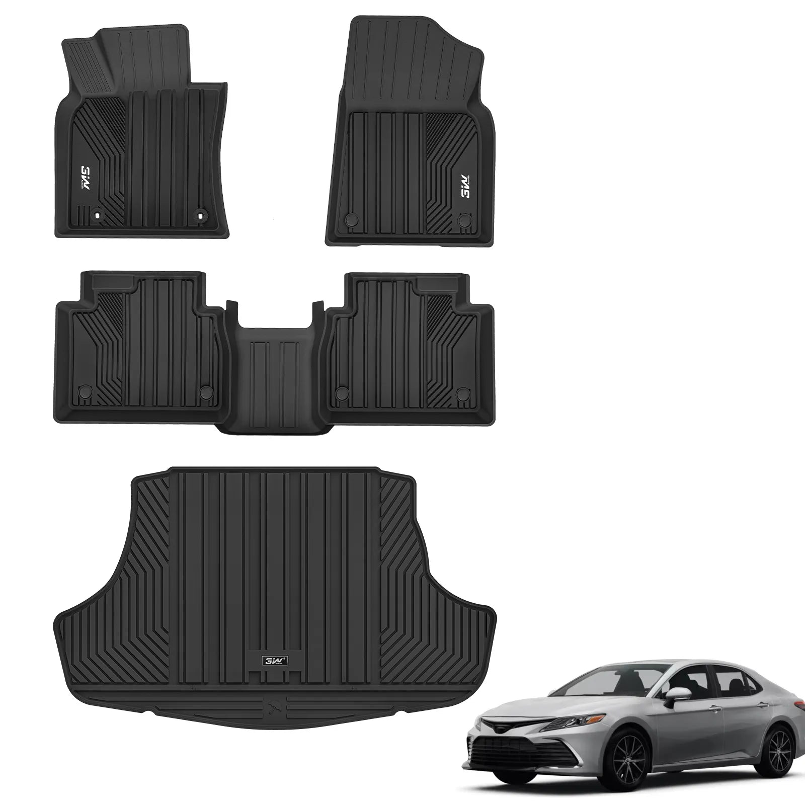 3W Floor Mats & Cargo Liner Fit Toyota Camry 2018-2024 FWD (Not for Hybrid or AWD), TPE All Weather Custom Fit Floor Liner, 1st and 2nd Row and Trunk Mat