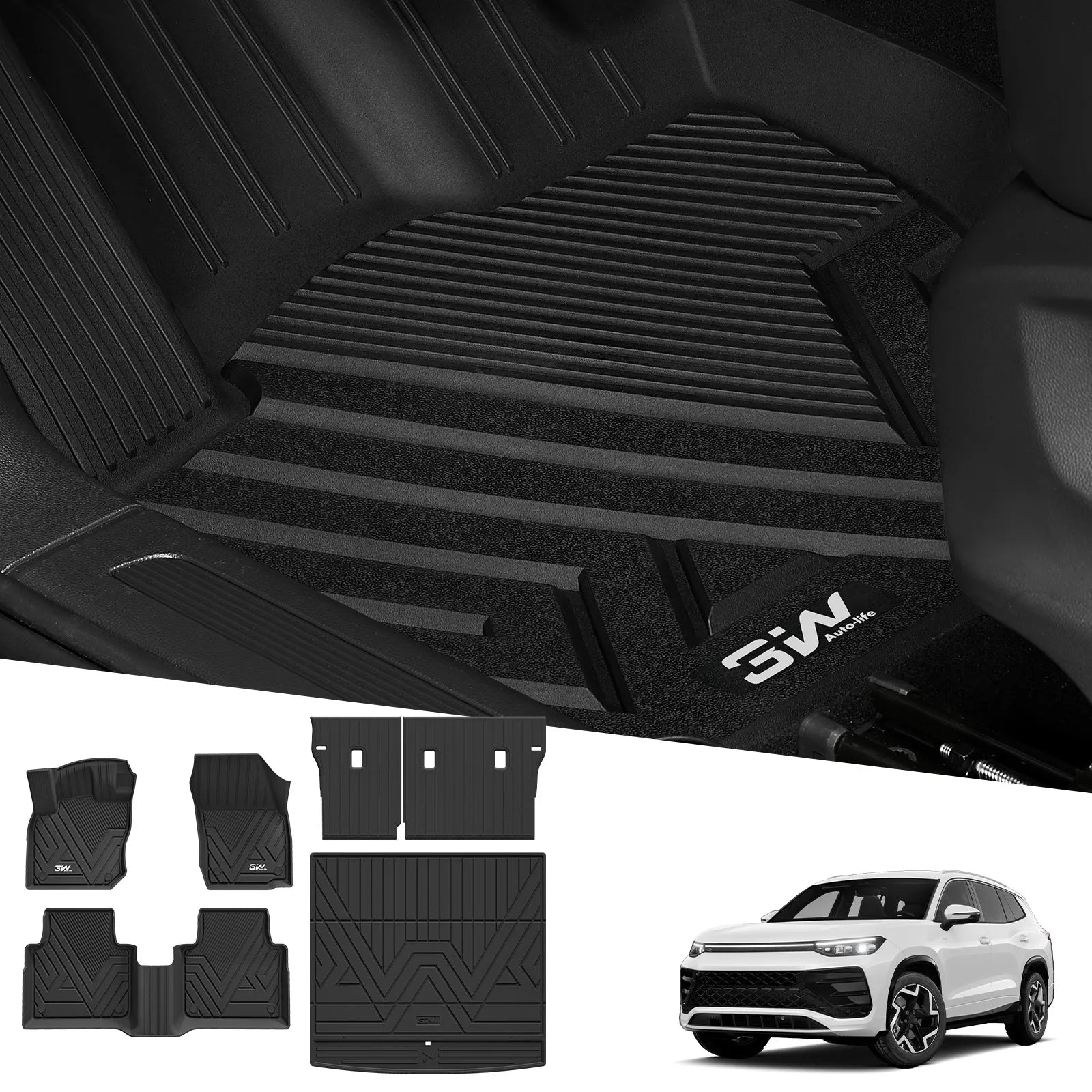 3W Floor Mats & Cargo Liner & Seatback Mats for Volkswagen Tiguan 2025 2026, All-Weather Protection TPE Car Mats 2 Rows Full Set for VW Tiguan Accessories, Black