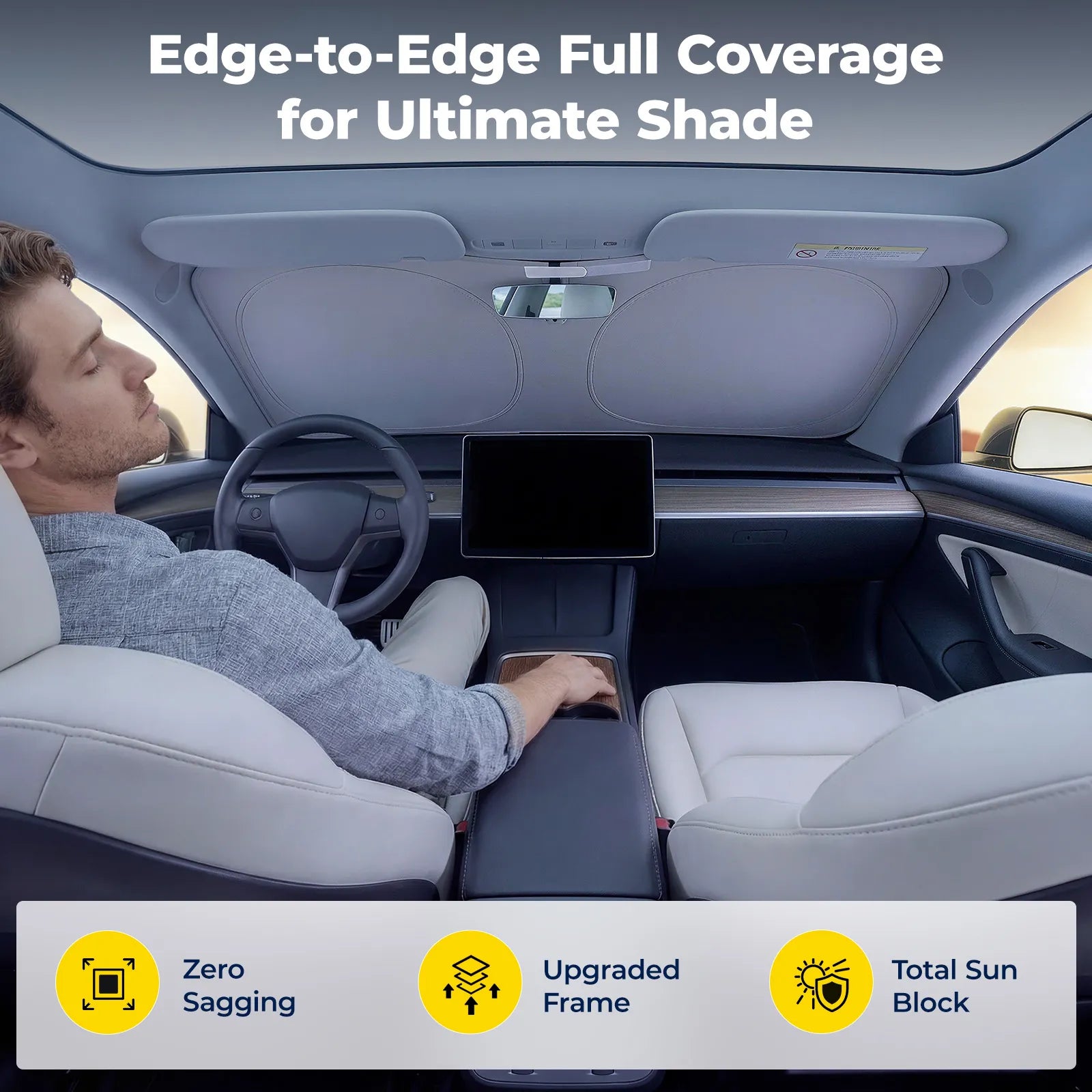 3W Windshield Sun Shade Foldable Fit for Tesla Model Y/ Model 3 UV Block Heat Sun Visor Protector - 3Wliners