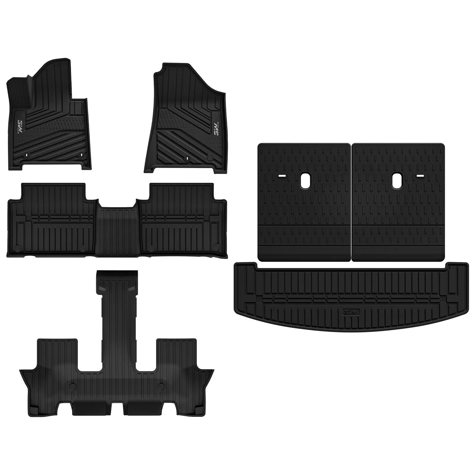 Studio shot of the 3W 6-piece all-weather custom-fit floor liners, lower trunk liner, and split-folding seat back protectors combo set, engineered specifically for the 2024-2026 Hyundai Santa Fe.