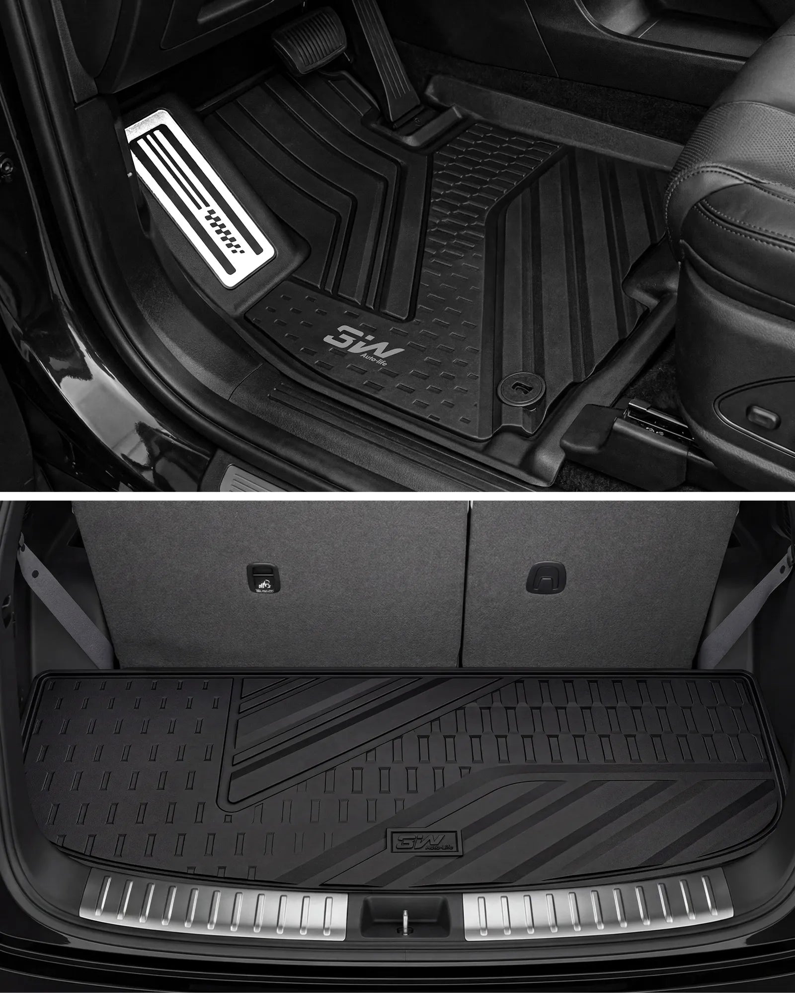 Real installation shot showing the 3W driver-side floor mat with deep-well tread patterns and the flush-fitted rear trunk cargo liner protecting the carpet of a 2024-2026 Hyundai Santa Fe.