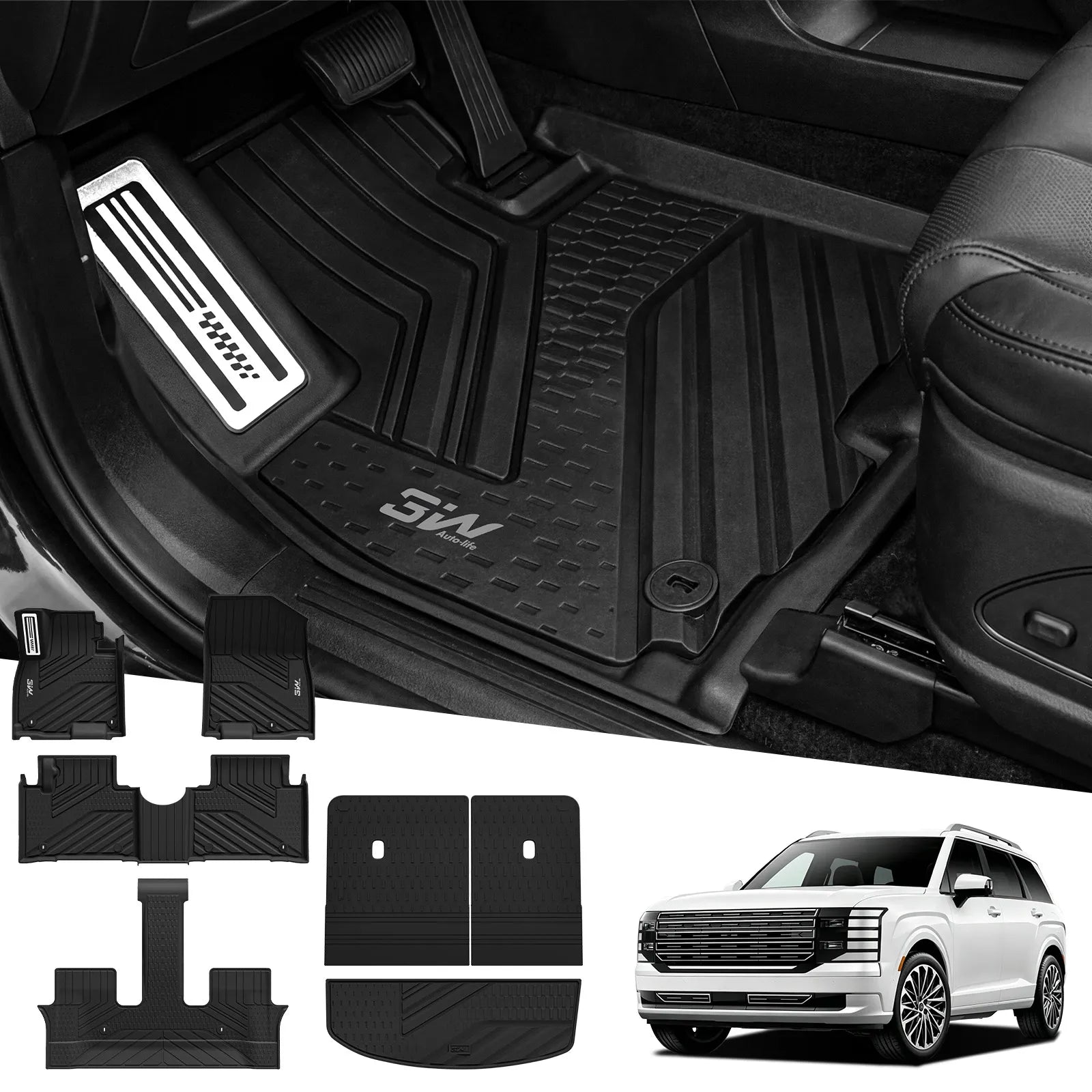 Close-up real installation shot of the 3W driver-side floor mat inside a Hyundai Palisade 2026, showcasing the precision edge-to-edge coverage, footrest protection, and anti-slip textures.