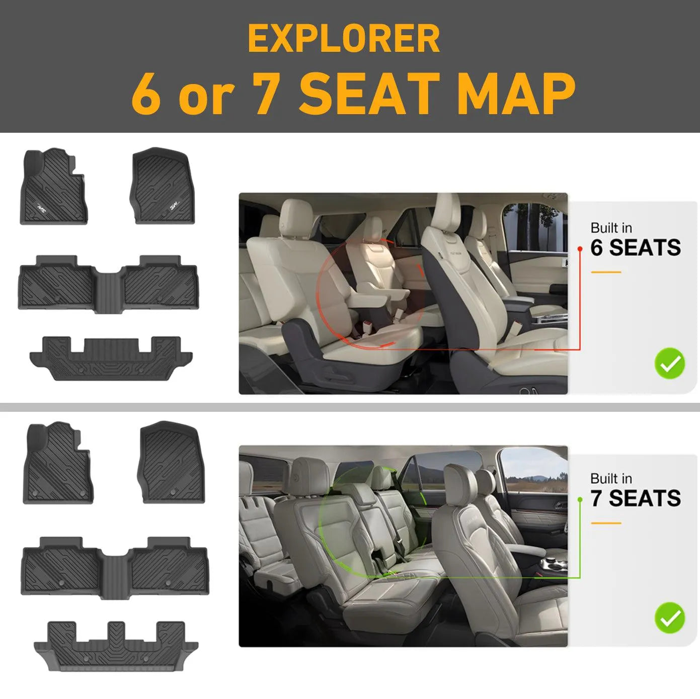 3W Ford Explorer 2020-2025 Floor Mats 7-Seat (Includes Hybrid) TPE Material & All-Weather Protection Vehicles & Parts 3Wliners